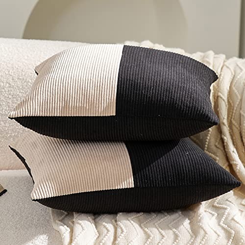Pack of 2 Beige Pathwork Corduroy Cushion Cases 18" x 18" (Pack of 2) Black