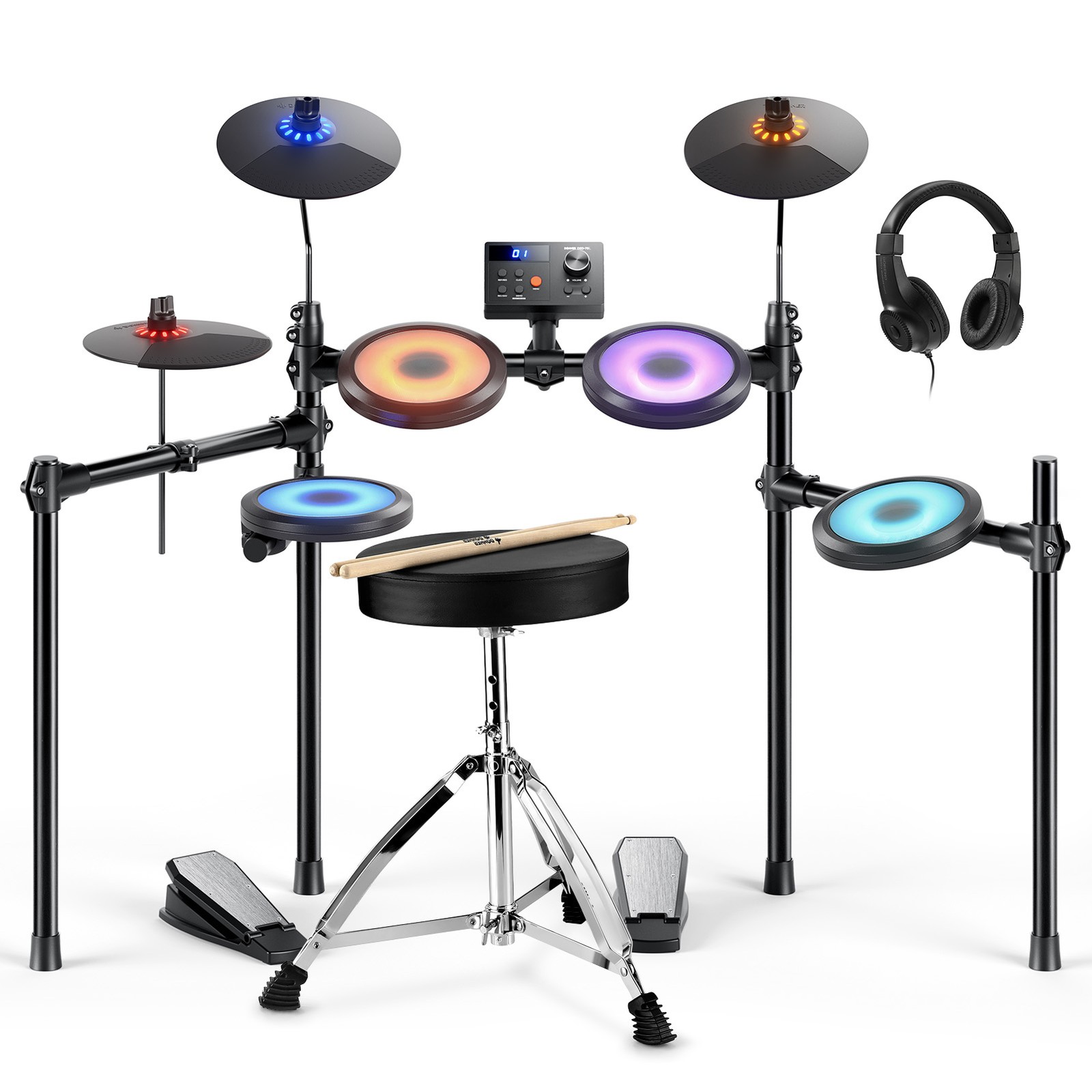 Donner DED-70L Electric Drum Set illuminated Lighted Mesh Pad + Throne Headphone