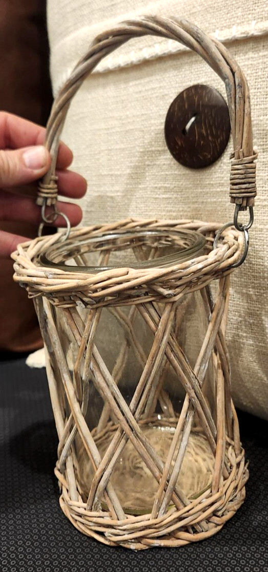 Cute! Wicker Basket & Handle W/Glass Vase for Flowers /Potpourri or? ~Home Decor