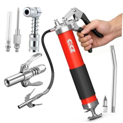 8000 PSI Grease Gun Kit: Heavy Duty Pistol Grip Grease Gun with 14oz Red&Silver