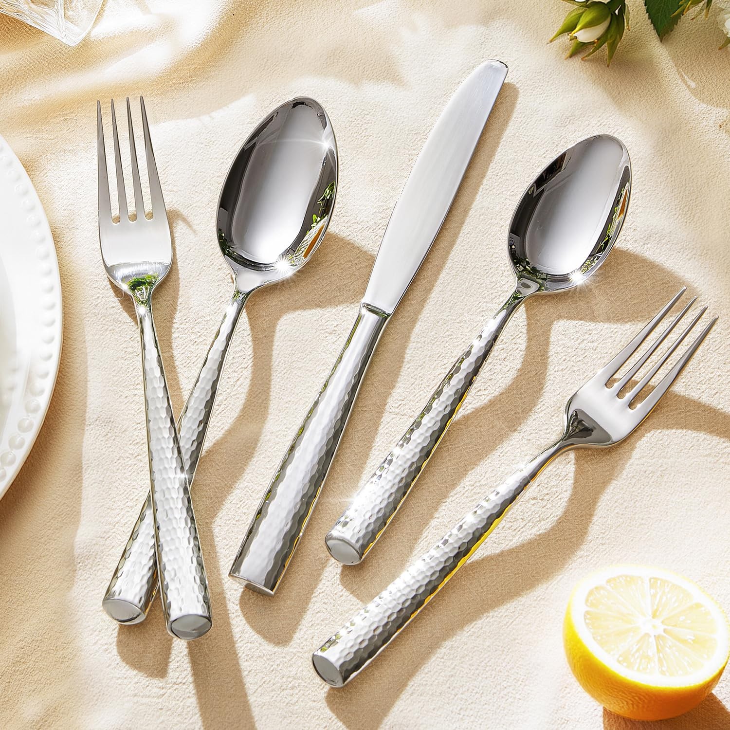 Kingstone Hammered Silverware Set, 5-Piece Flatware Set for 1, 18/10 Stainles...