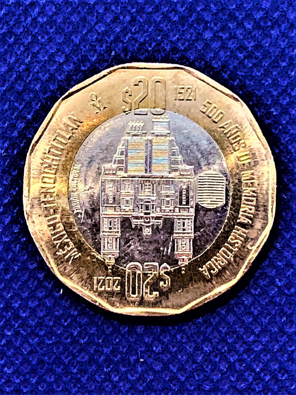 BIMETALIC MEXICAN COIN $20 PESOS 500 AÑOS MEMORIA HIST MEXICO TENOCHITLAN 