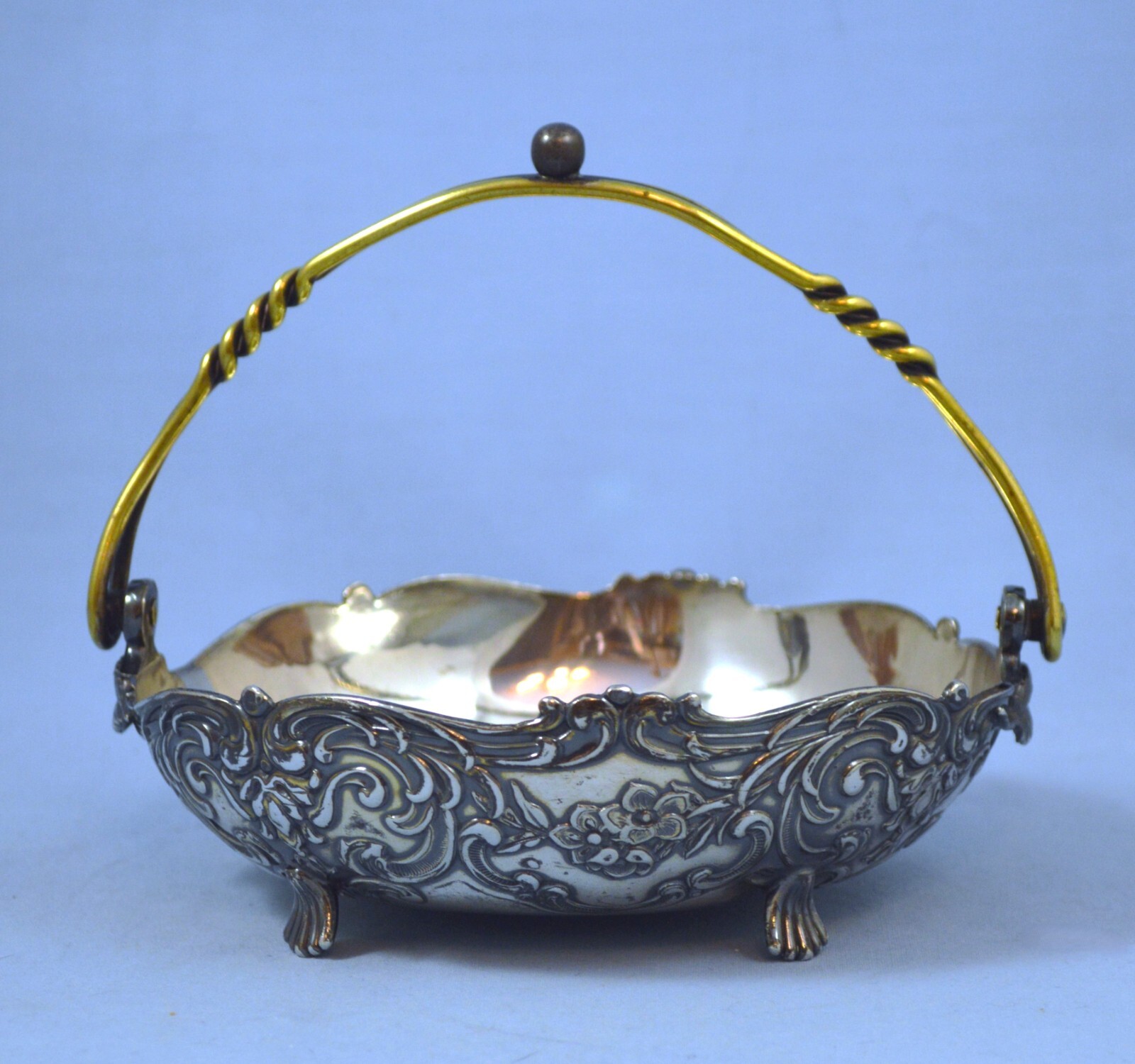 VINTAGE SILVER PLATED EMBOSSED BASKET / BOWL W/ BRASS HANDLE