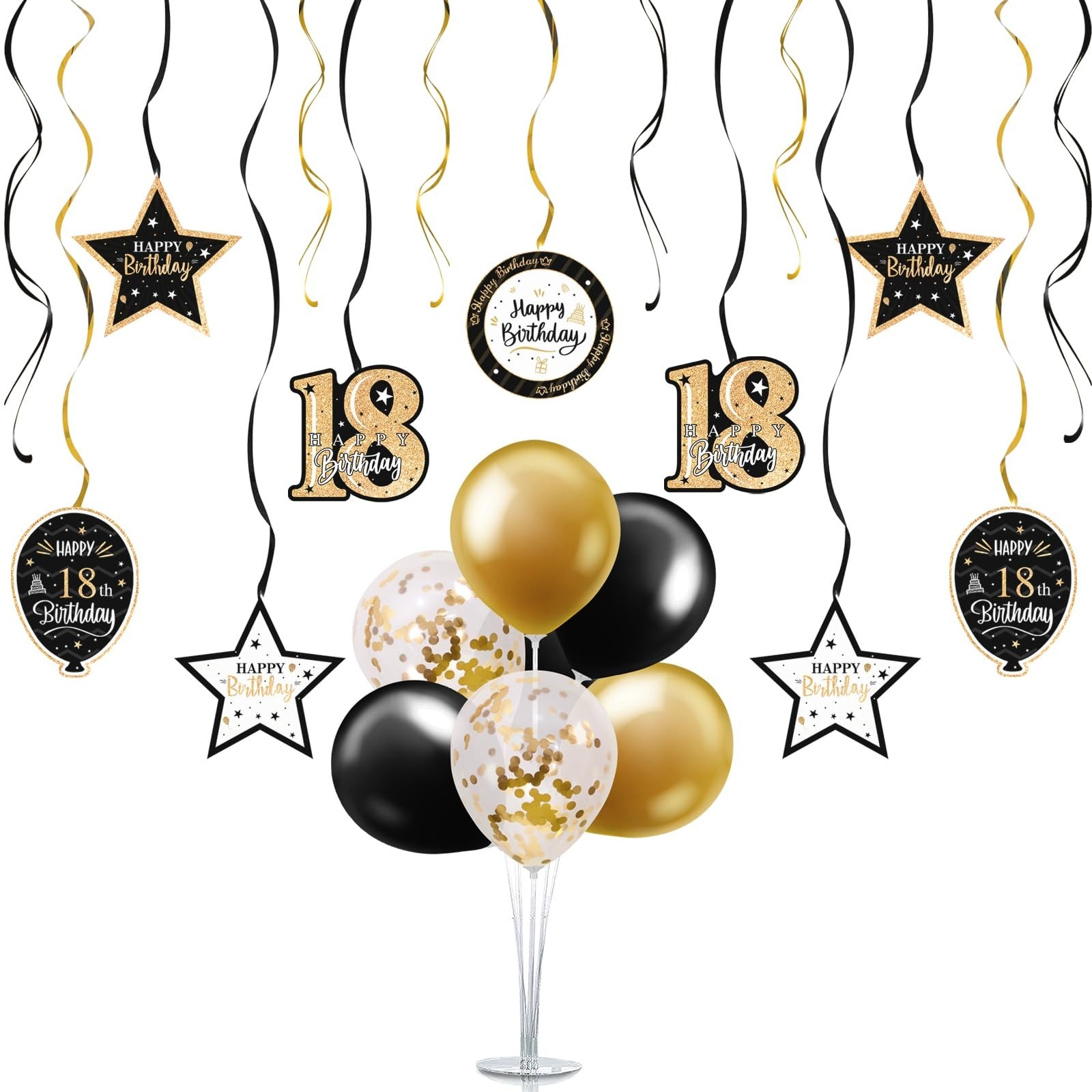 Happy 18th Birthday Black & Gold Balloon Set,18th Birthday Swirls Streamers w...