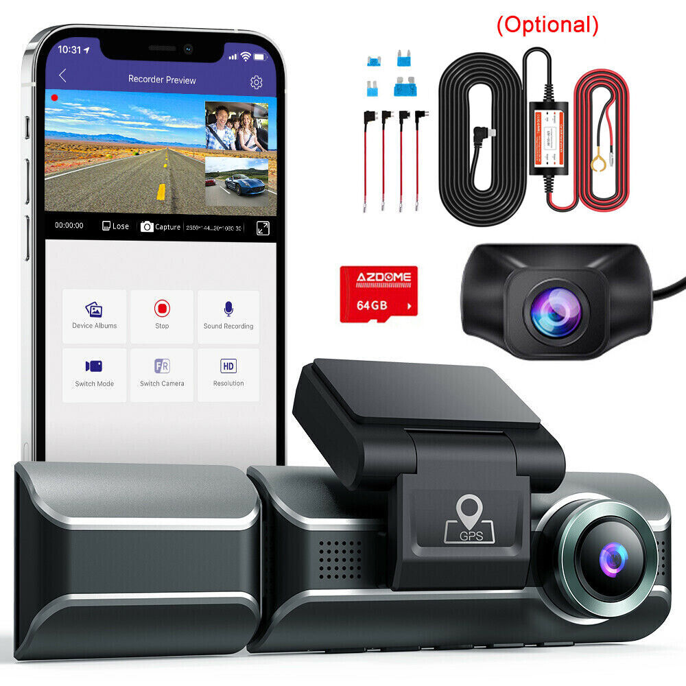 AZDOME 3 Lens Car Dash Cam 4K UHD WiFi GPS Parking Mode Front And Inside Camera