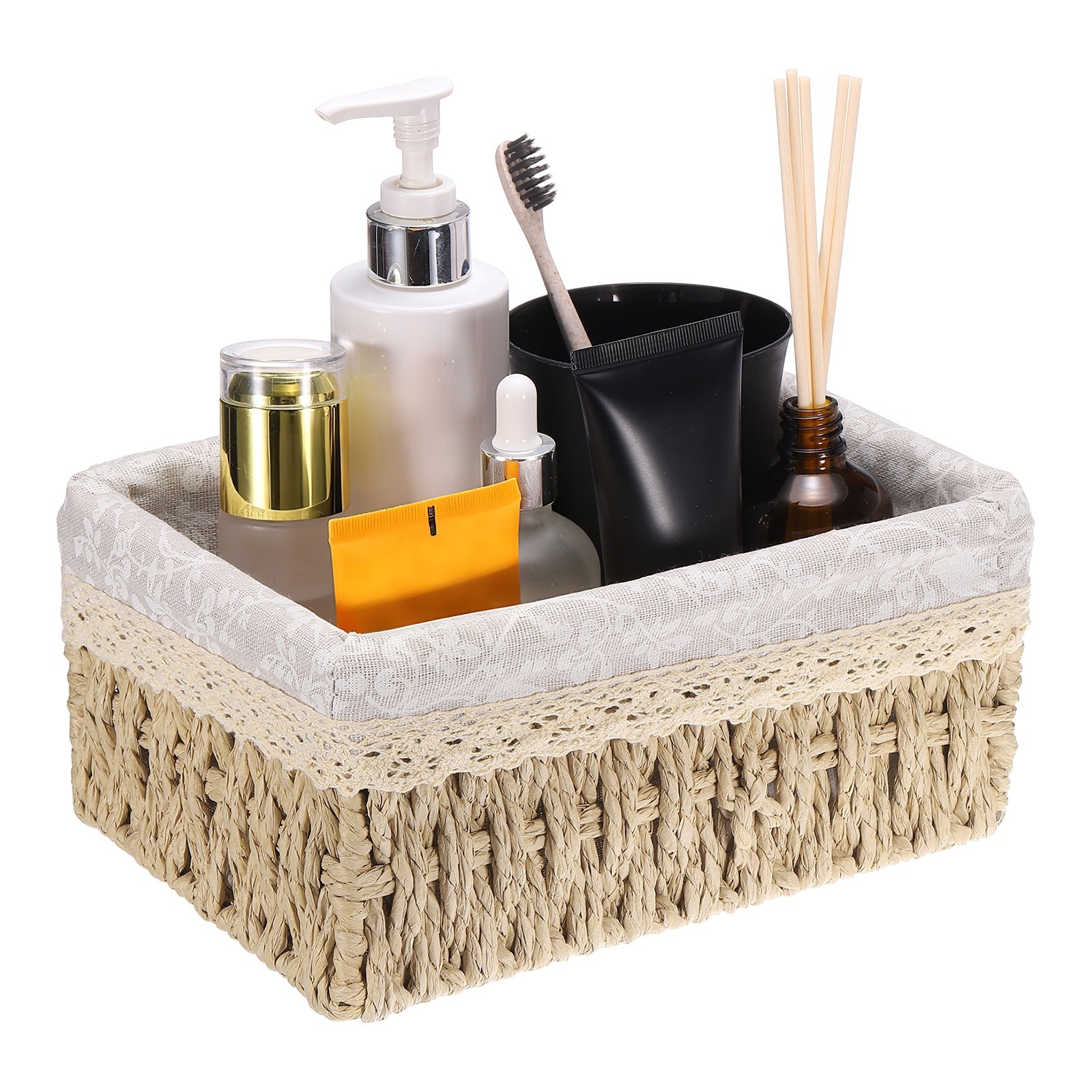 Wicker Storage Basket with Liner, 8.6x6.3x3.7" Woven Rope Baskets, Khaki