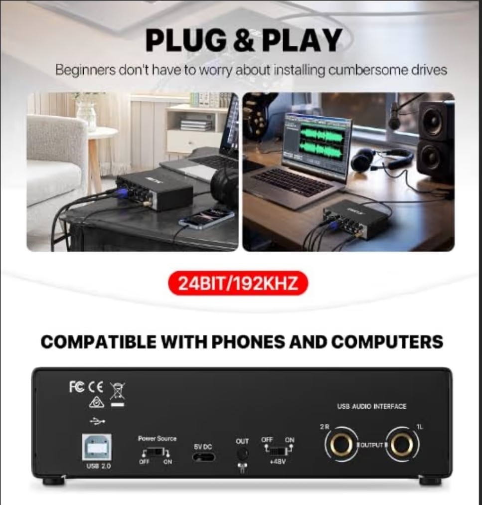 EBXYA 2i2 USB Audio Interface for PC Recording, 24-bit/192kHz Plug and Play