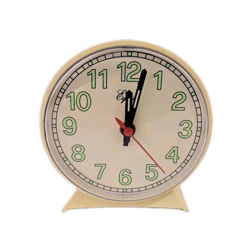 Vintage Equity Analog Alarm Clock Glow In Dark Numbers Beige Battery Operated