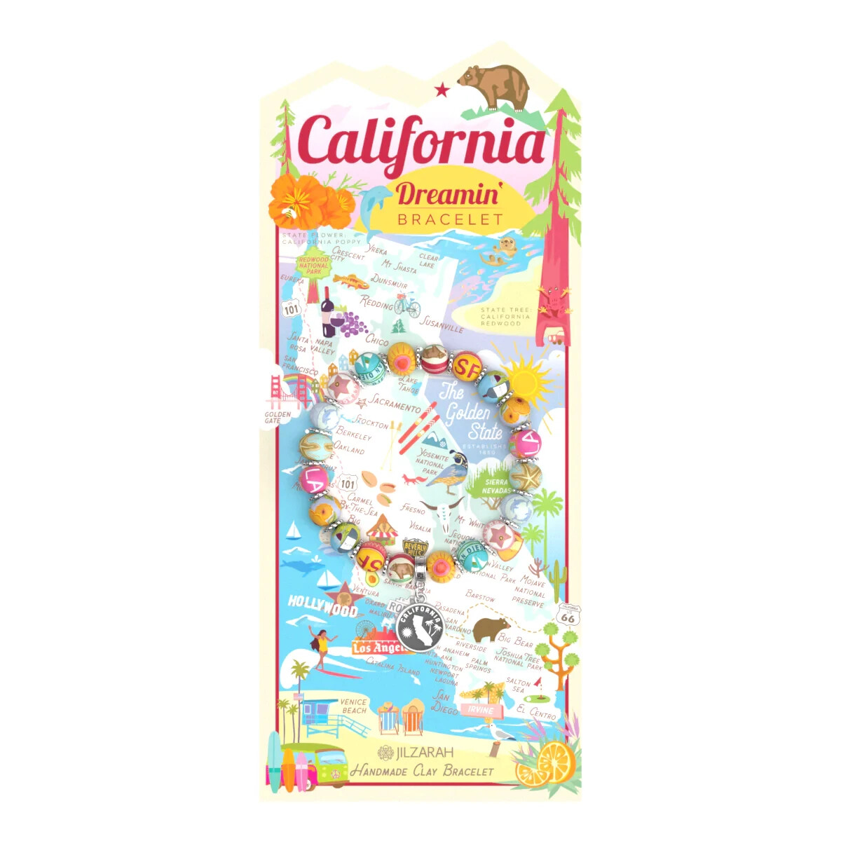 NEW JILZARAH Handmade Clay Beads DESTINATION CALIFORNIA Multi color 8mm Bracelet
