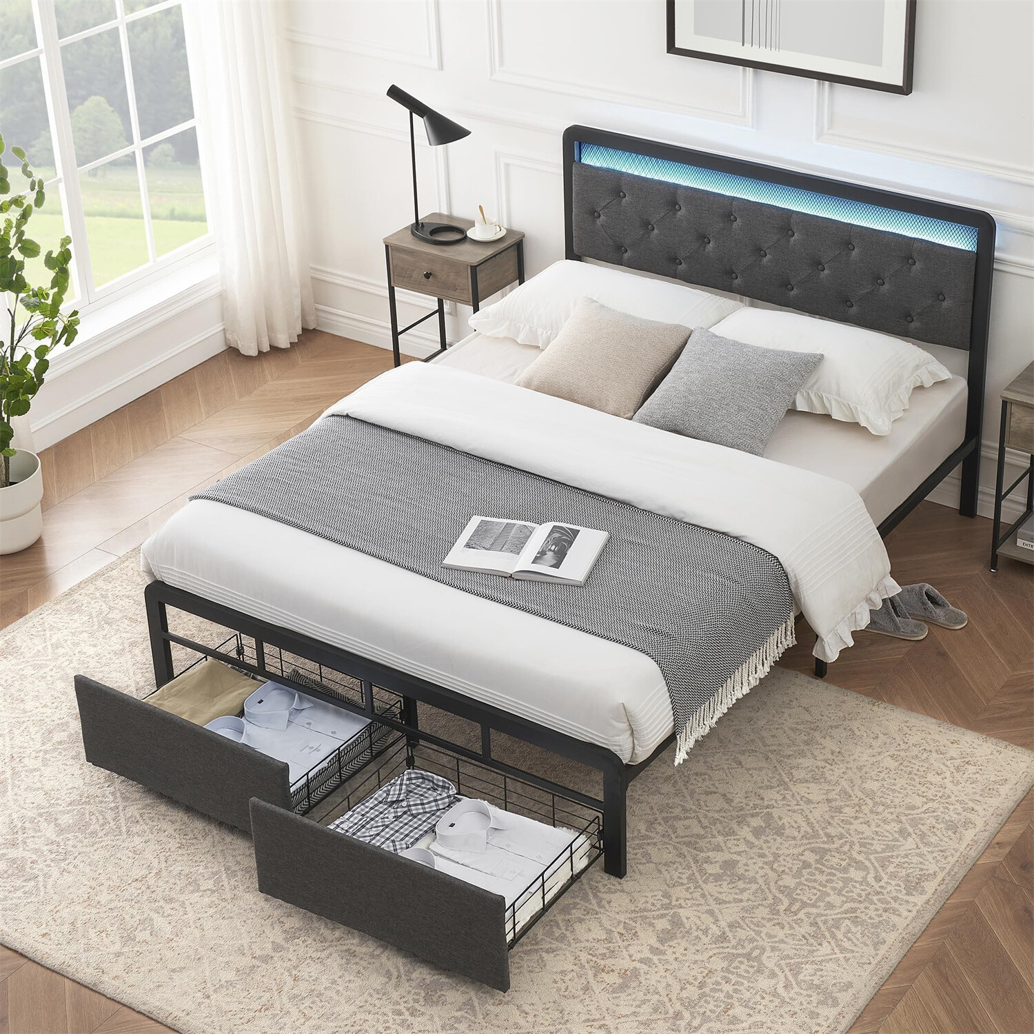 Upholstered Bed Frame with 2 Storage Drawers Queen Bed Frame with LED Lights
