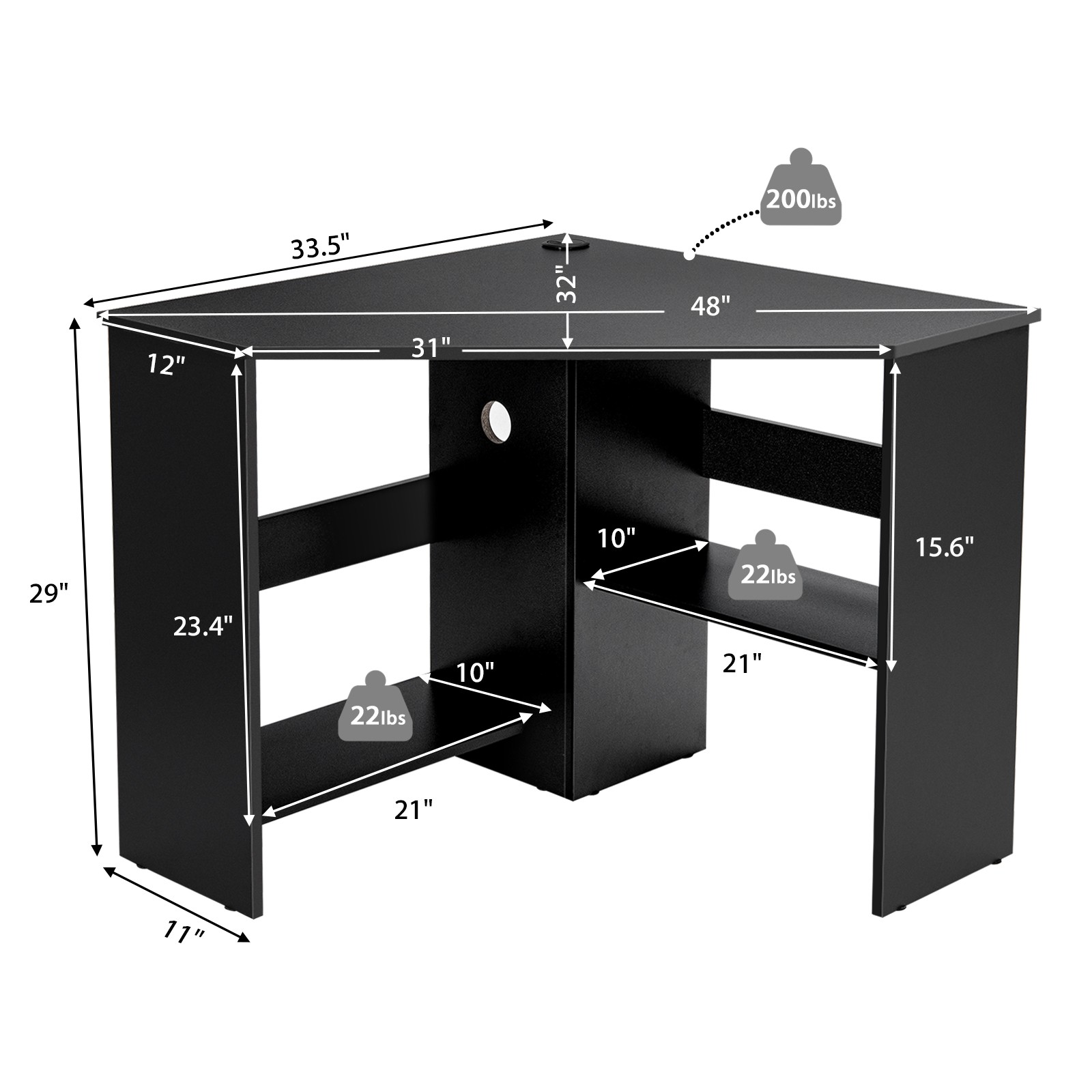 Triangle Writing Workstation Corner Computer Desk w/ Storage Shelf Black