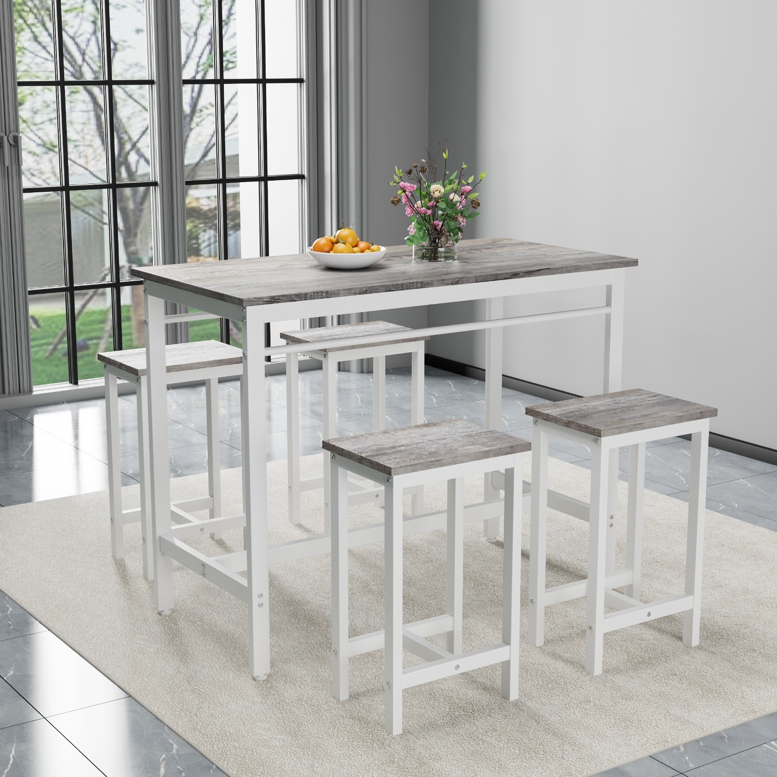 Modern 5PC Kitchen Bar Table Set w/Stools Metal Frame White Oak