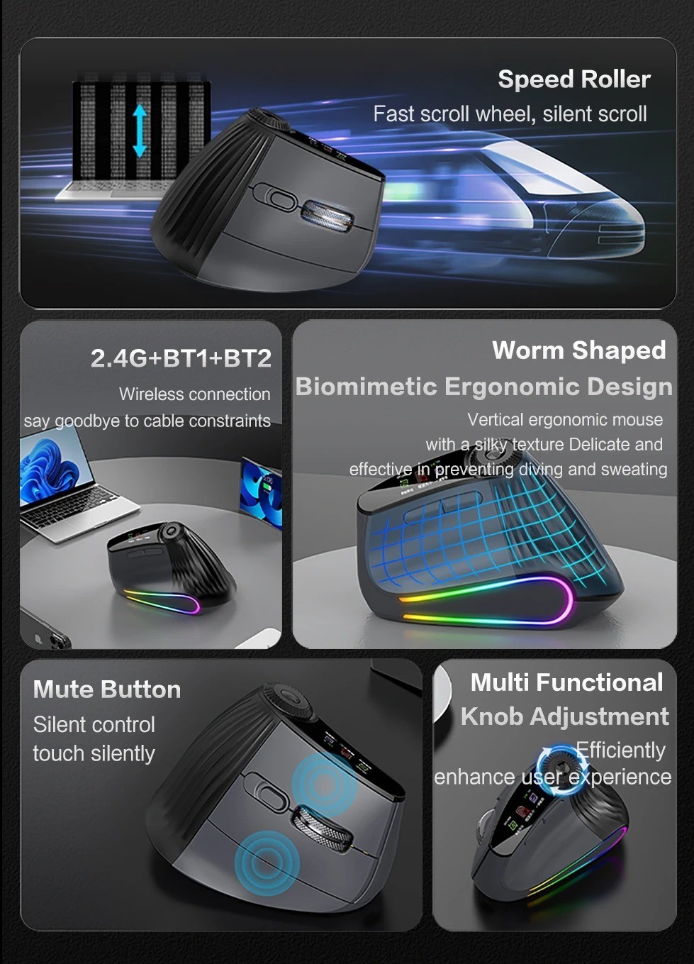 Backlit Wireless Ergonomic Mouse Bluetooth 2.4G Rechargeable w/ Smart Scroll
