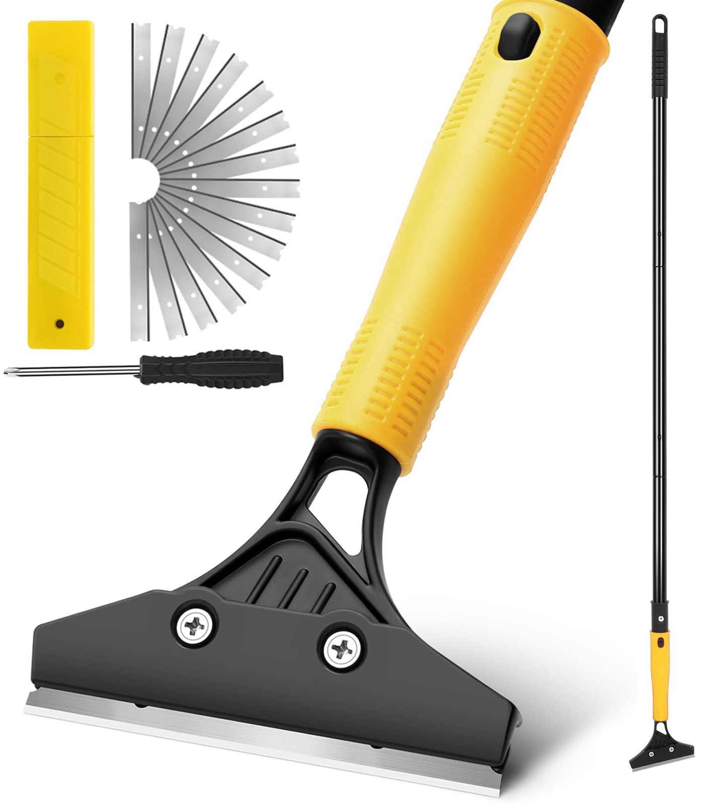 Floor Scraper with 45.7” Long Handle, 4 Inch Razor Blade Large, Yellow