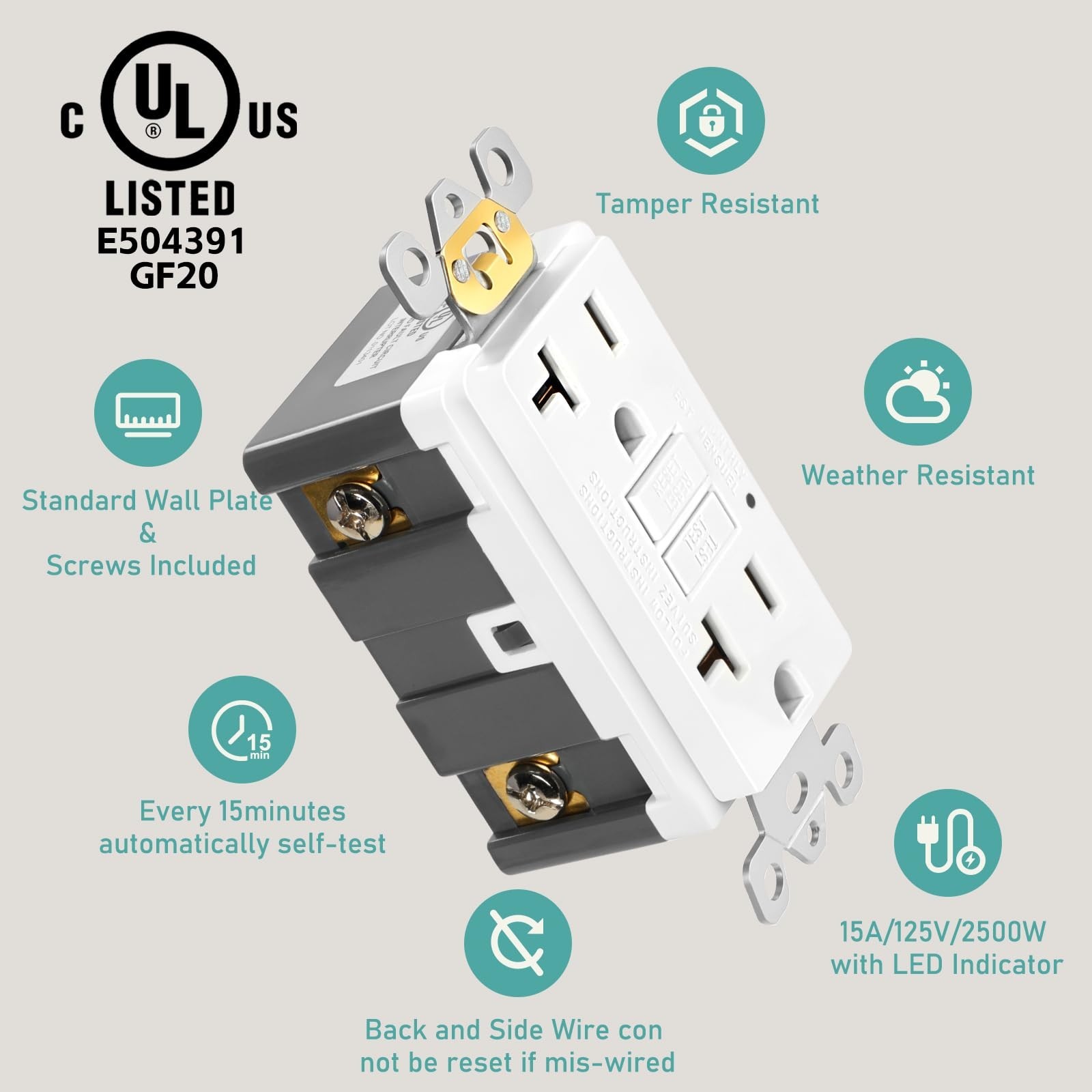 1-Pack GFCI Outlet 20 Amp, Self-Test GFI Electrical Receptacle with LED Indic...