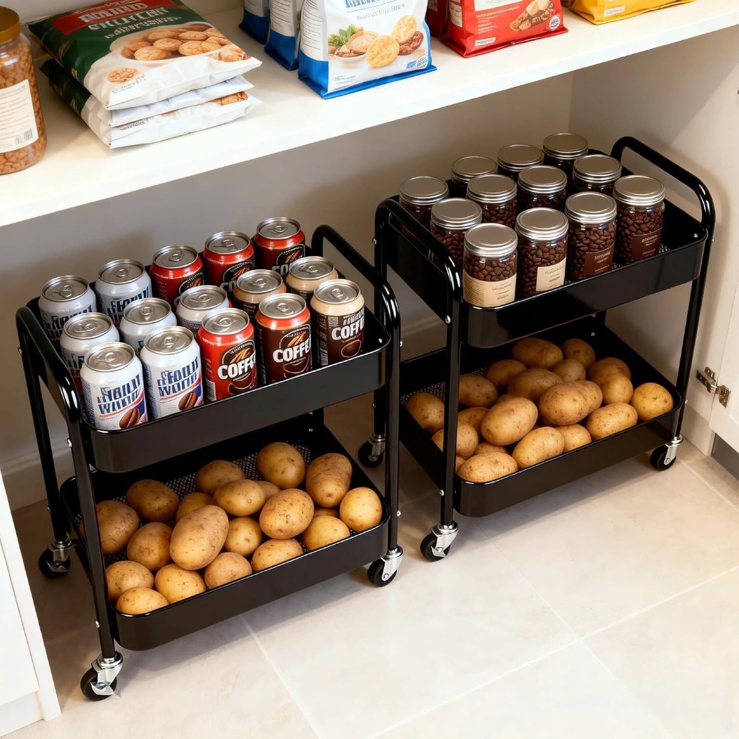 2 Pack Pantry Cart 2 Tier Small Rolling Cart with Wheels for Under Desk Storage,