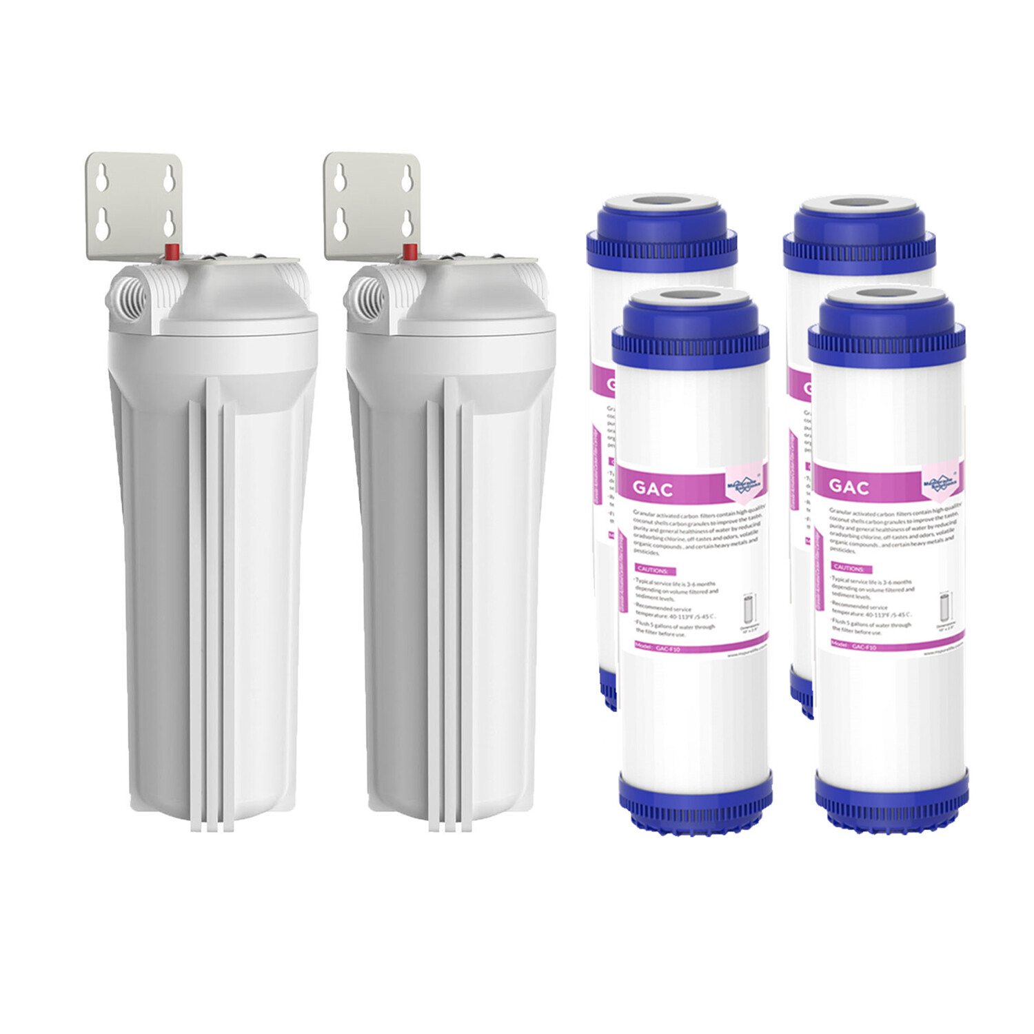 2Pack 10 Inch Whole House Water Filter Housing &4pcs Activated Carbon Cartridge