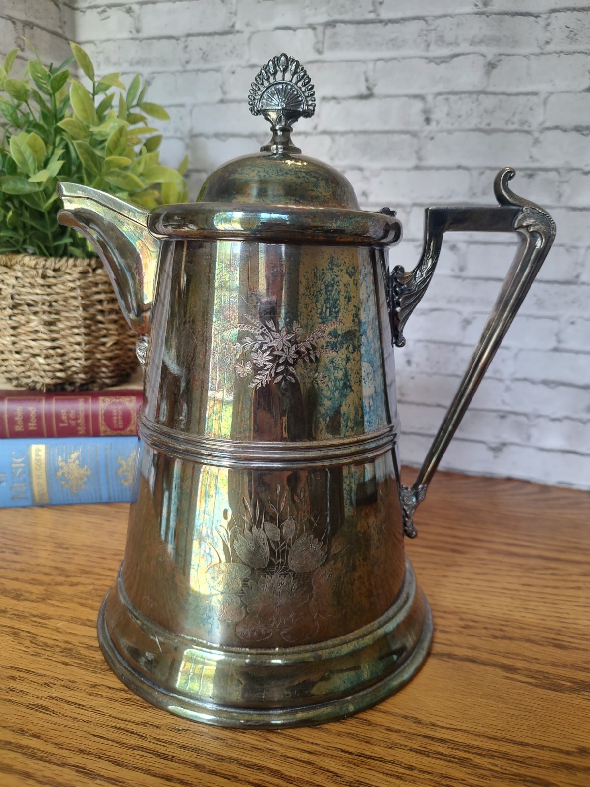 Ornate Flowered Large Silver plated Water Pitcher 12x9x8