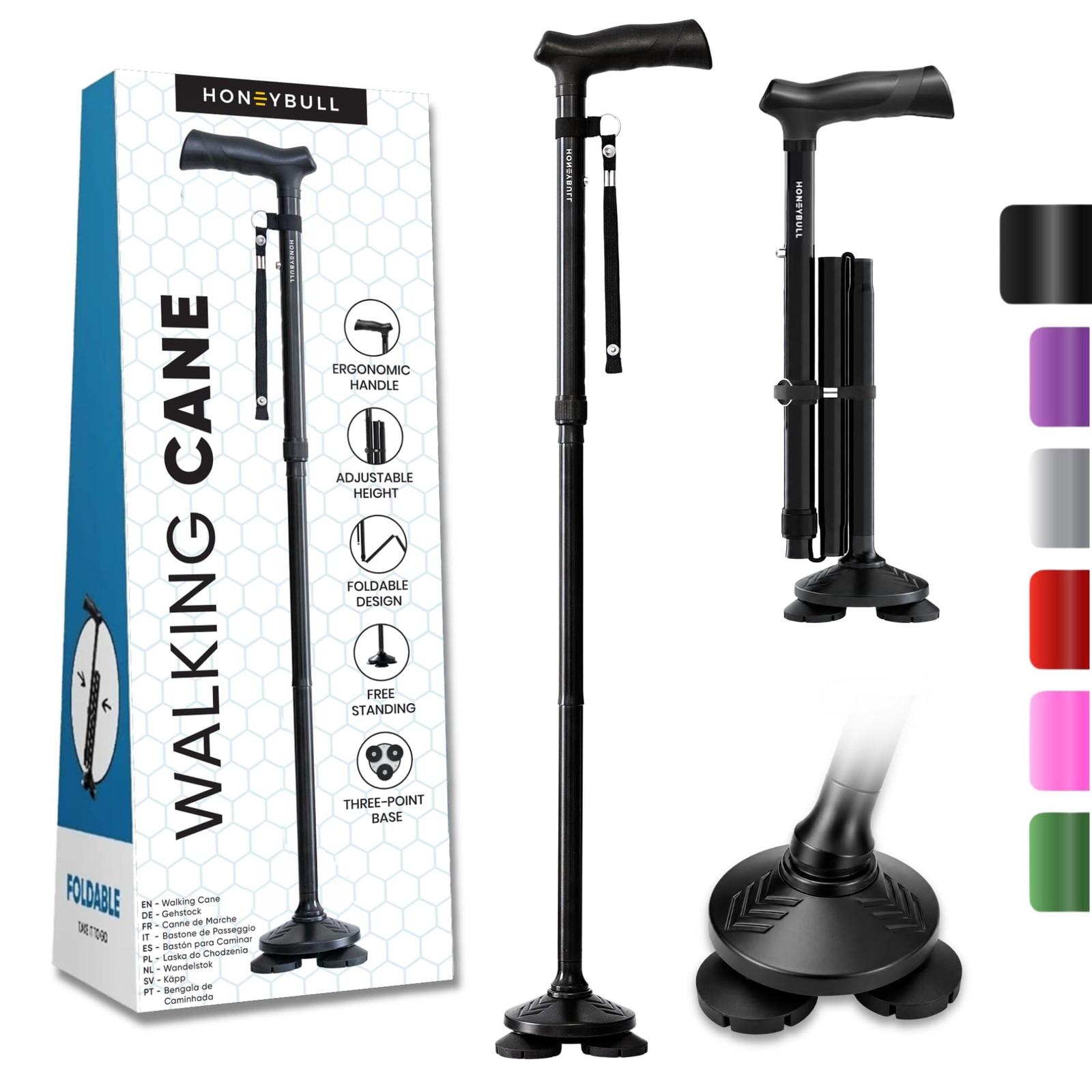 Walking Cane for Men & Women, Foldable, Free Standing Cane, Black