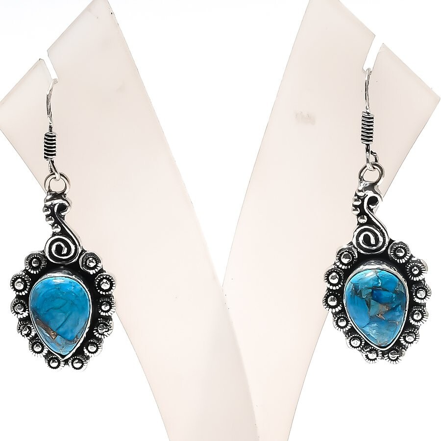 Copper Turquoise Gemstone Handmade 925 Sterling Silver Jewelry Earring Size 1.8"