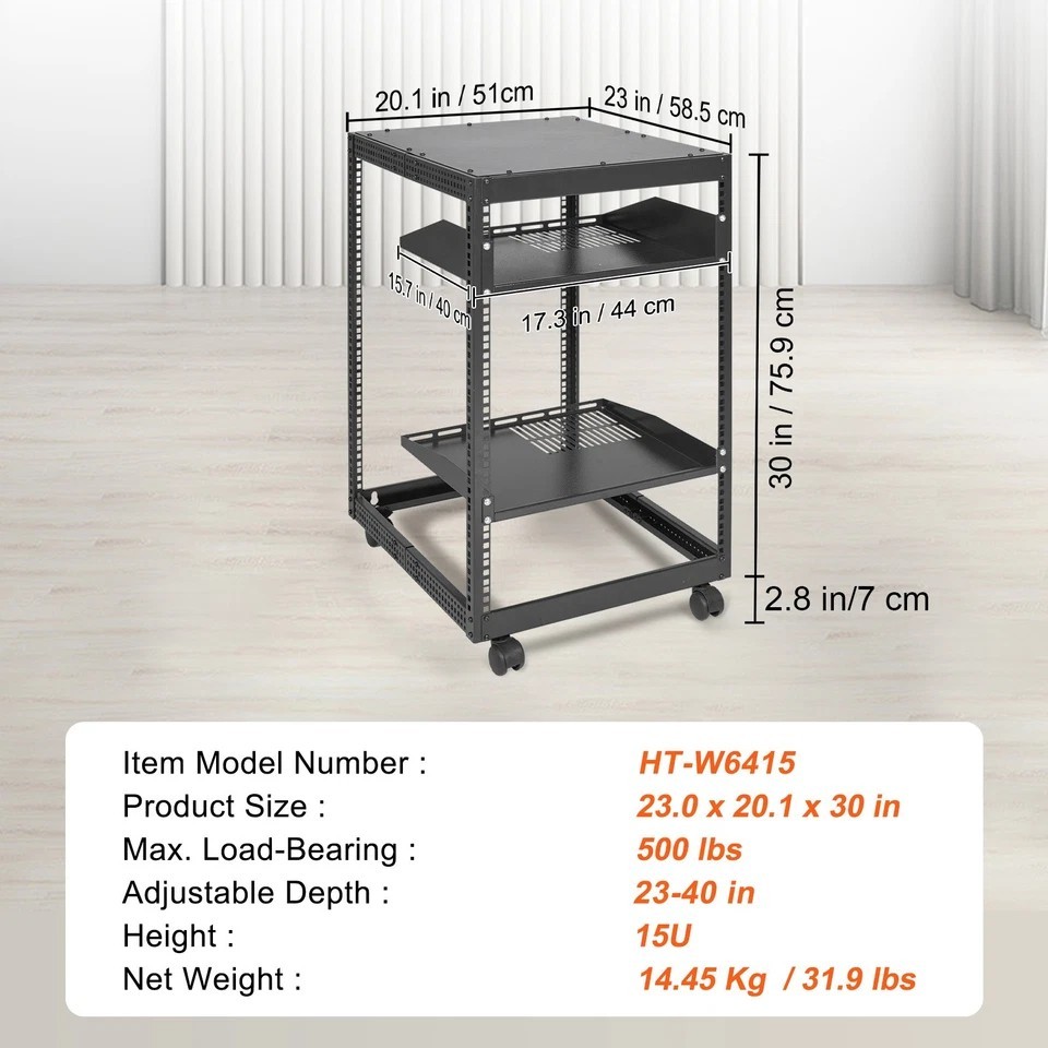 15U 4 Post Open Frame Server Rack Network Enclosure 23''-40'' Adjustable