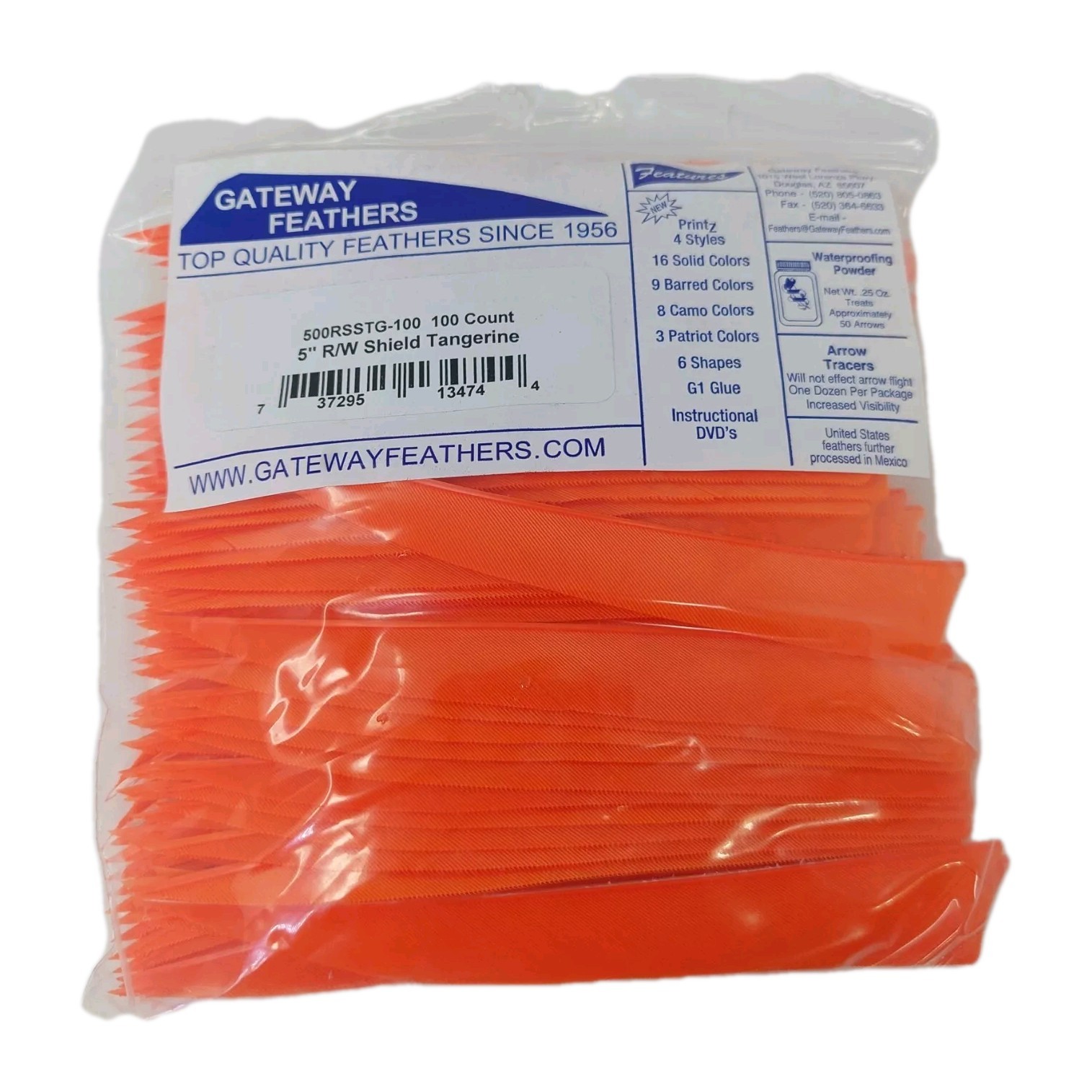 100 Pack Gateway Feathers 5" Right Wing: Shield Tangerine Orange 500RSSTG-100