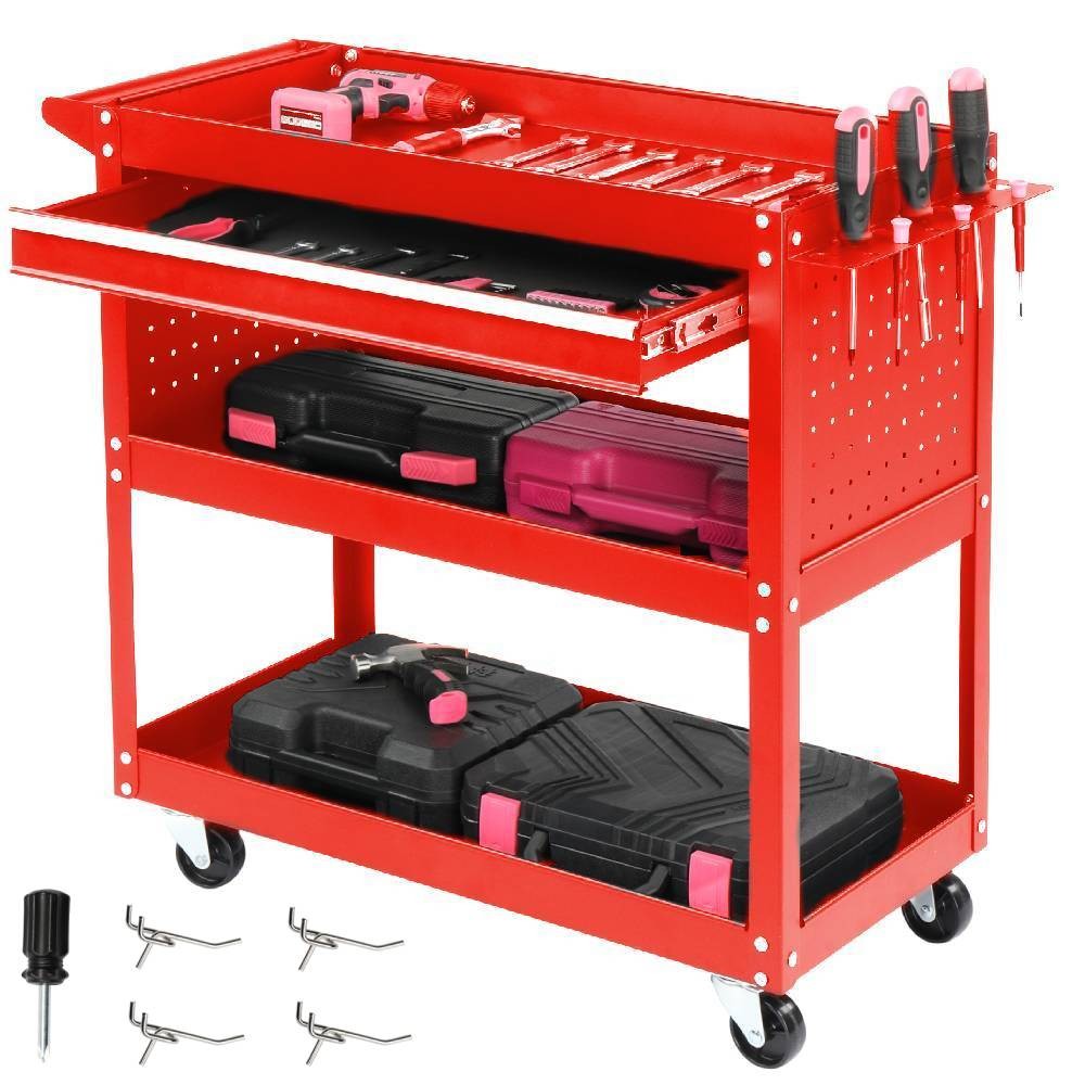 3 Tier Tool Cart 330 LBS Capacity Rolling Tool Cart with Drawers & Hooks Red