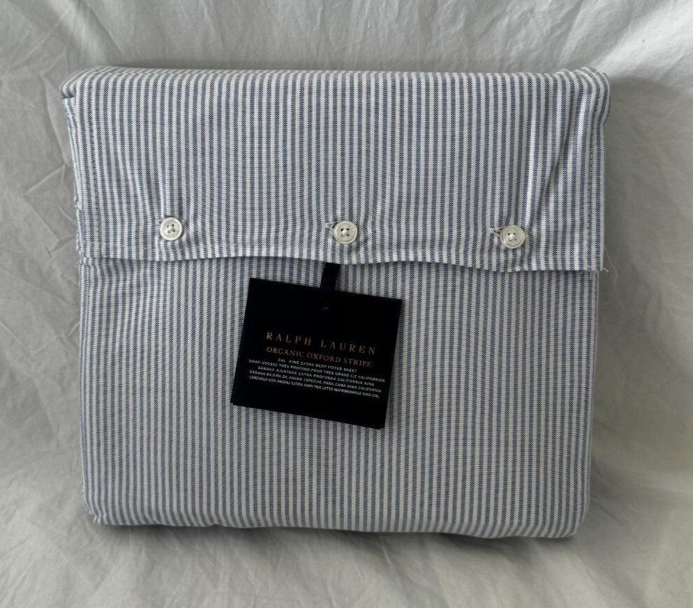 Ralph Lauren Organic Oxford Stripe Blue & White Cal. King Fitted Sheet $245 NIP