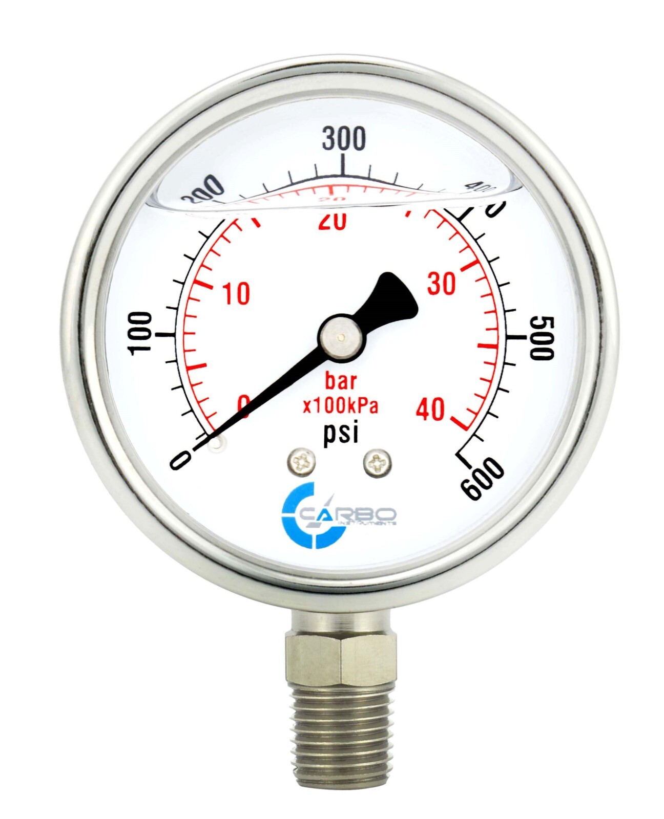 2" Pressure Gauge, Stainless Steel Case, Liquid Filled, Lower Mnt, 600 PSI