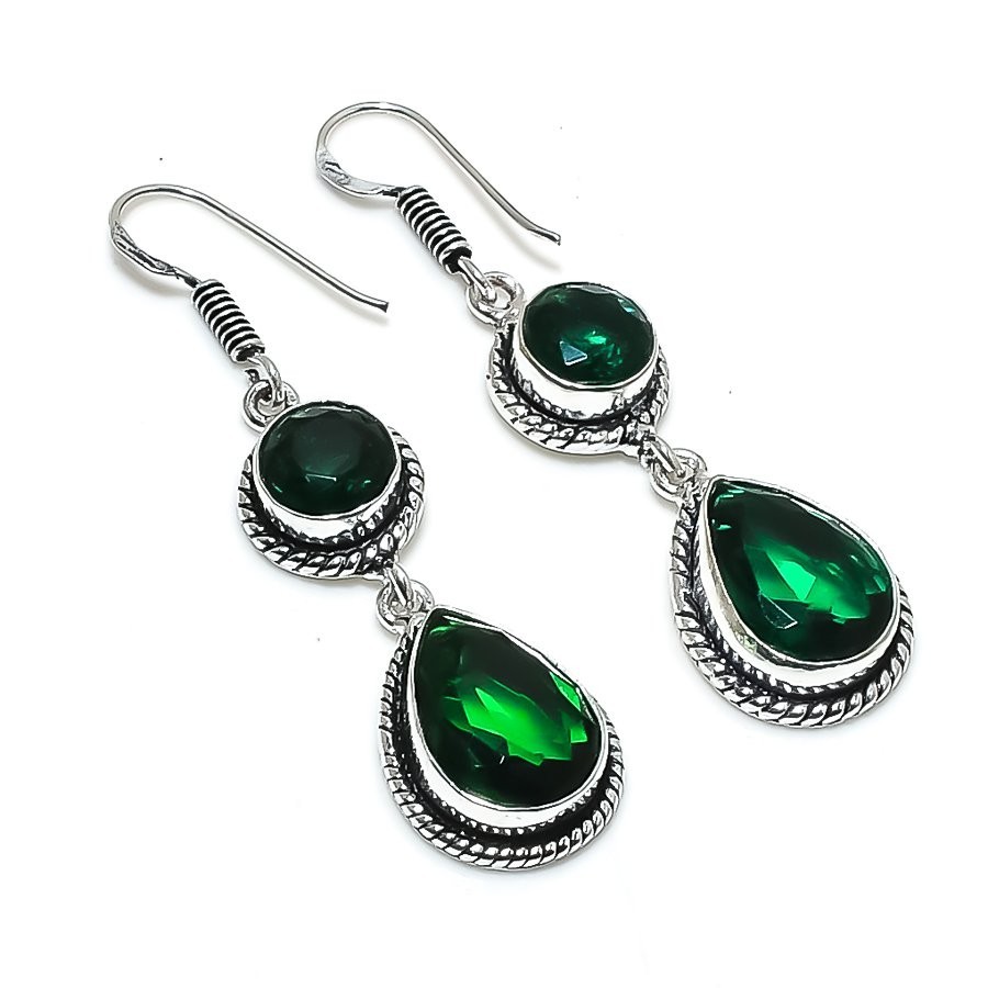 Chrome Diopside Handmade Gemstone 925  Sterling Silver Jewelry Earrings Size 2"