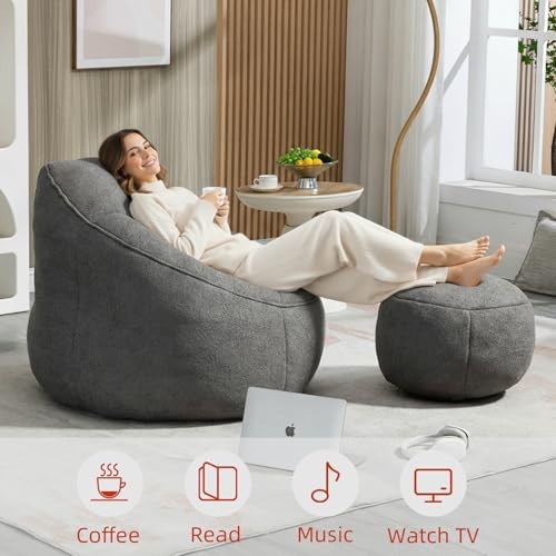 Bean Bag Chairs, Gaint Bean Bag Couch with Memory Foam for Adults and Grey