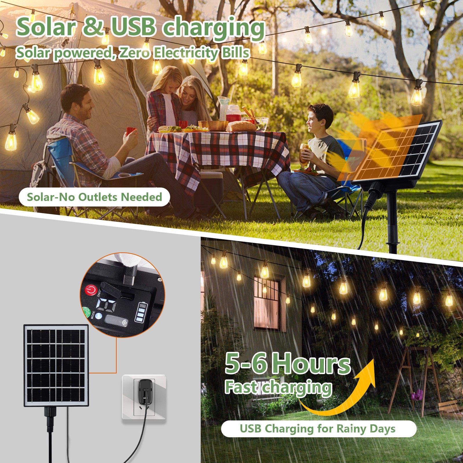 100FT Solar String Lights Outdoor Waterproof Patio w Remote Control 32 ST38 Bulb