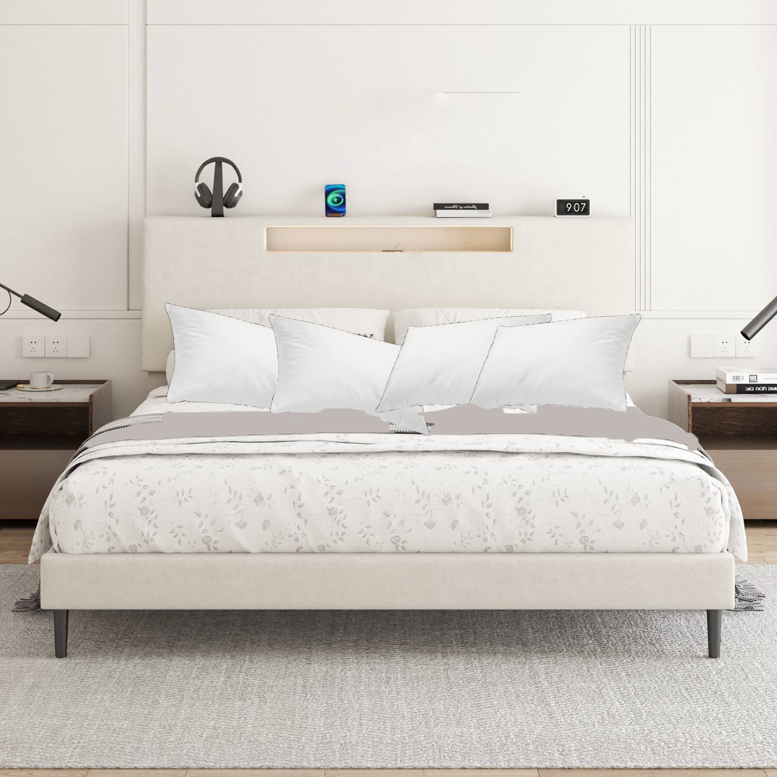 Upholstered Platform Bed Large Size Frame With LED Light And Charging Function