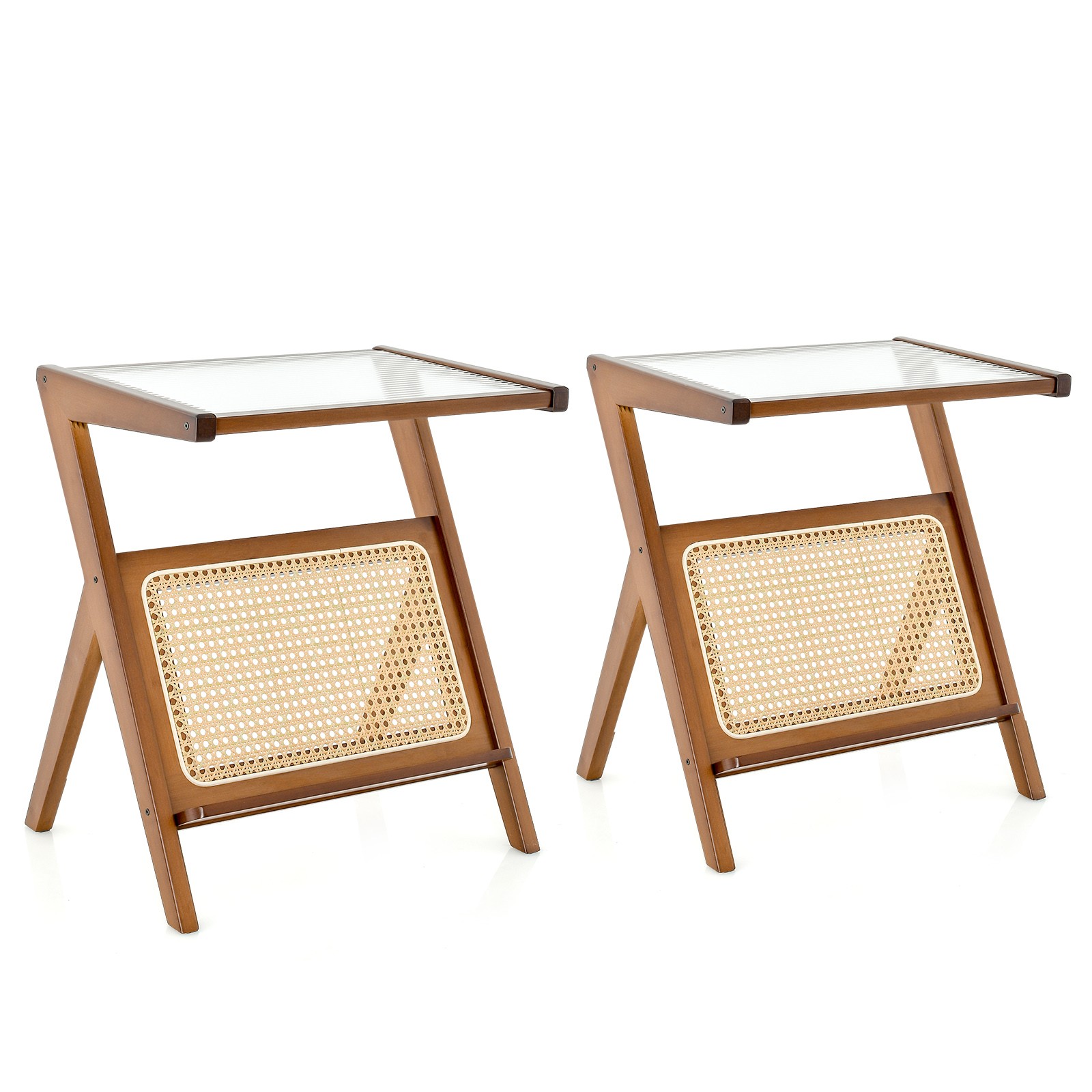 2PCS Bamboo Accent Bedside Table Rattan Side Table w/Tempered Glass Top Walnut