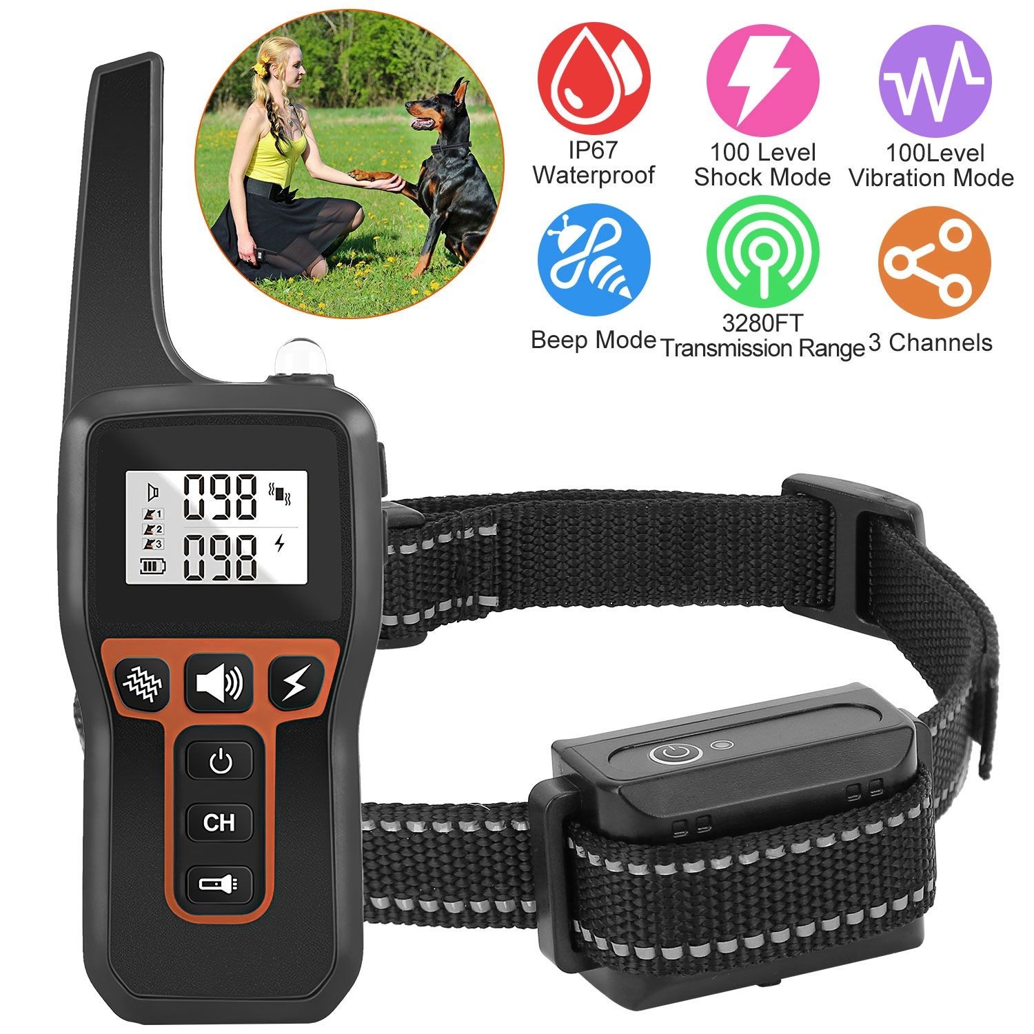 3280FT Training Collar 3 Channels Rechargeable Transmitter Receiver Flashlight