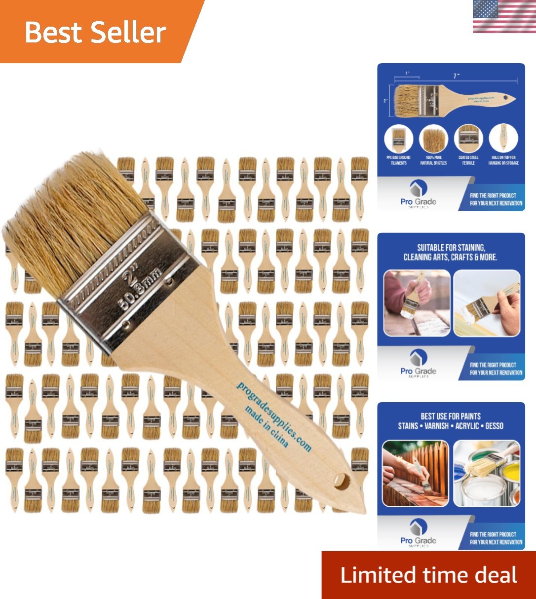 96 Light Brown Chip Brushes - 2 Inch Natural Wood Handle for Precision Painting