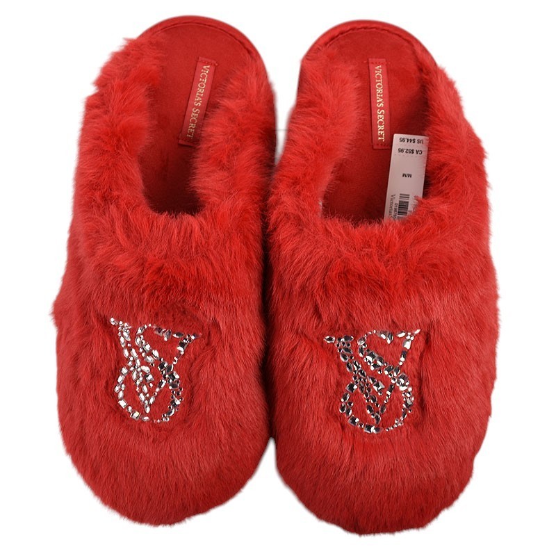 VICTORIA'S SECRET Bright Red Rhinestone Logo Faux Fur Slippers MEDIUM NWT