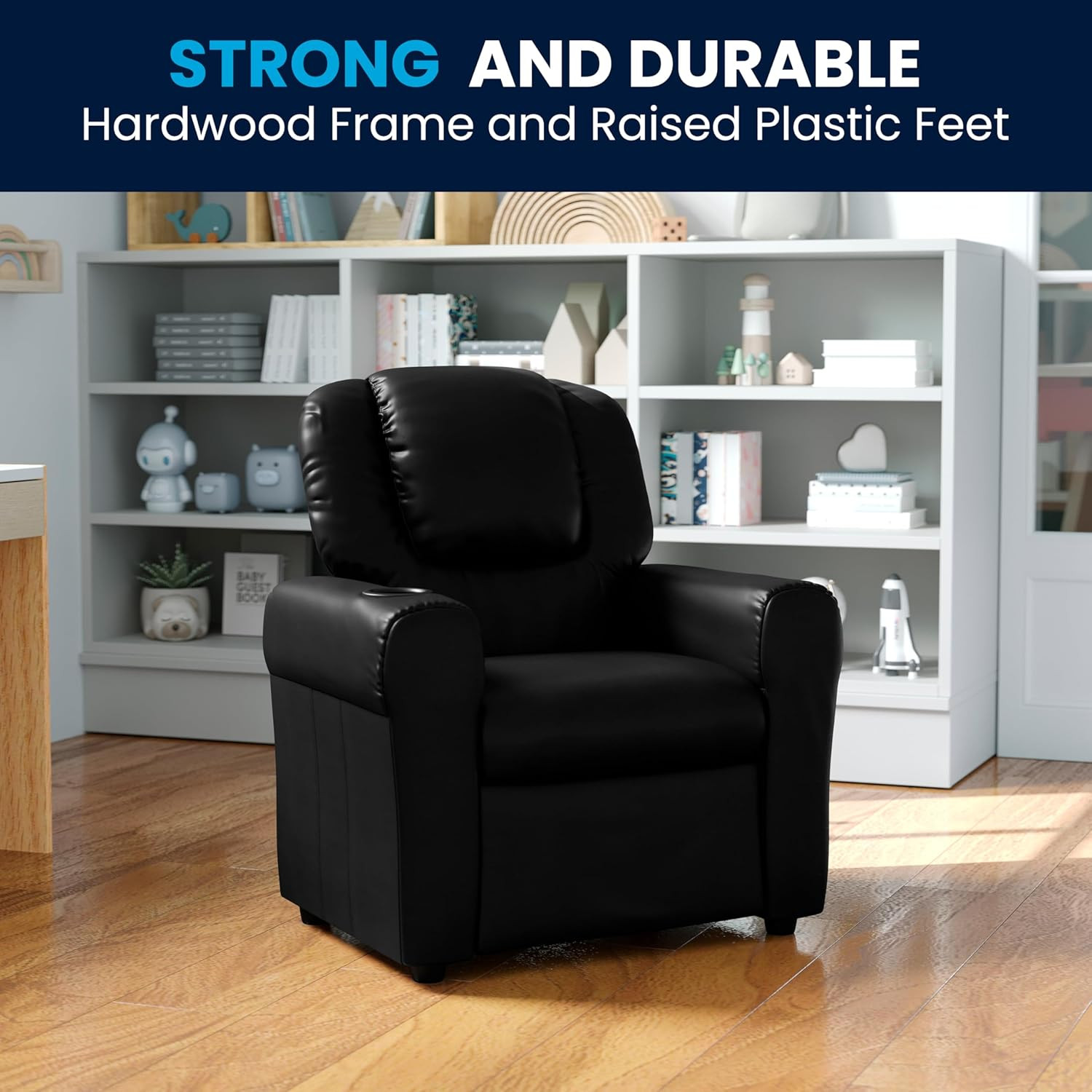Vana Kids Recliner with Cup Holder & Headrest - Supports 90 Lbs, Black