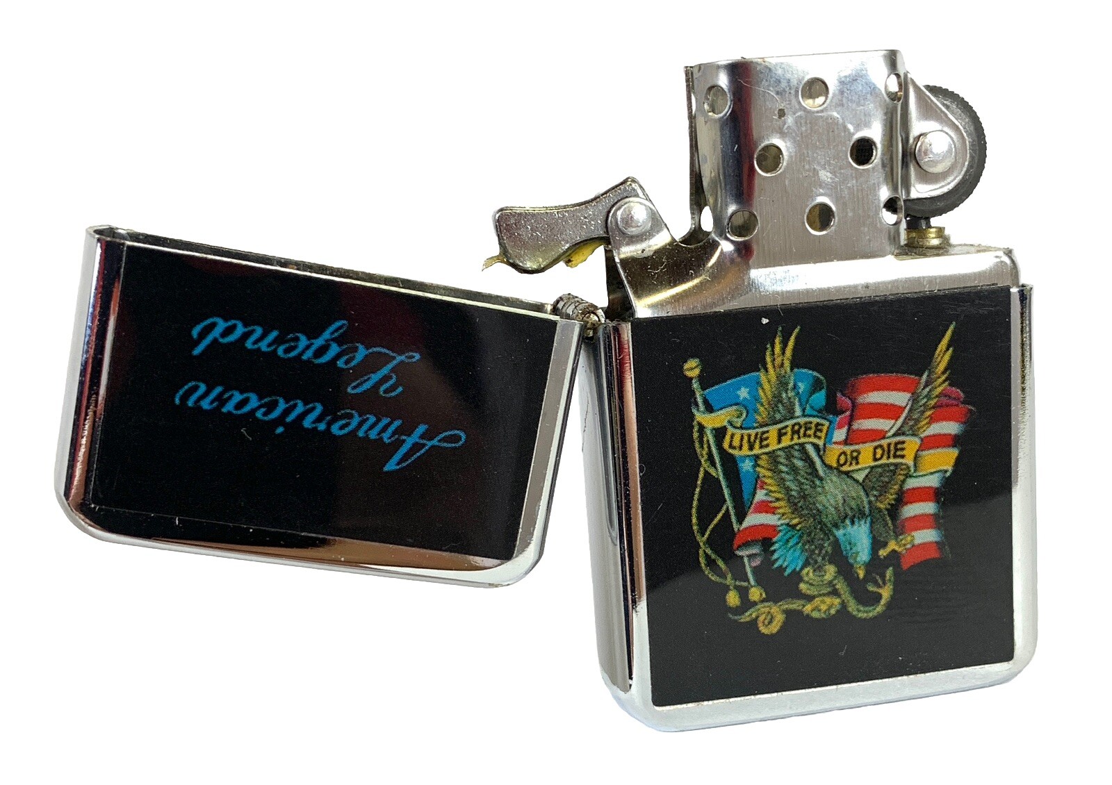 American Legend Live Free Or Die Flag Flip Top Chrome Oil Lighter Wind Resistant