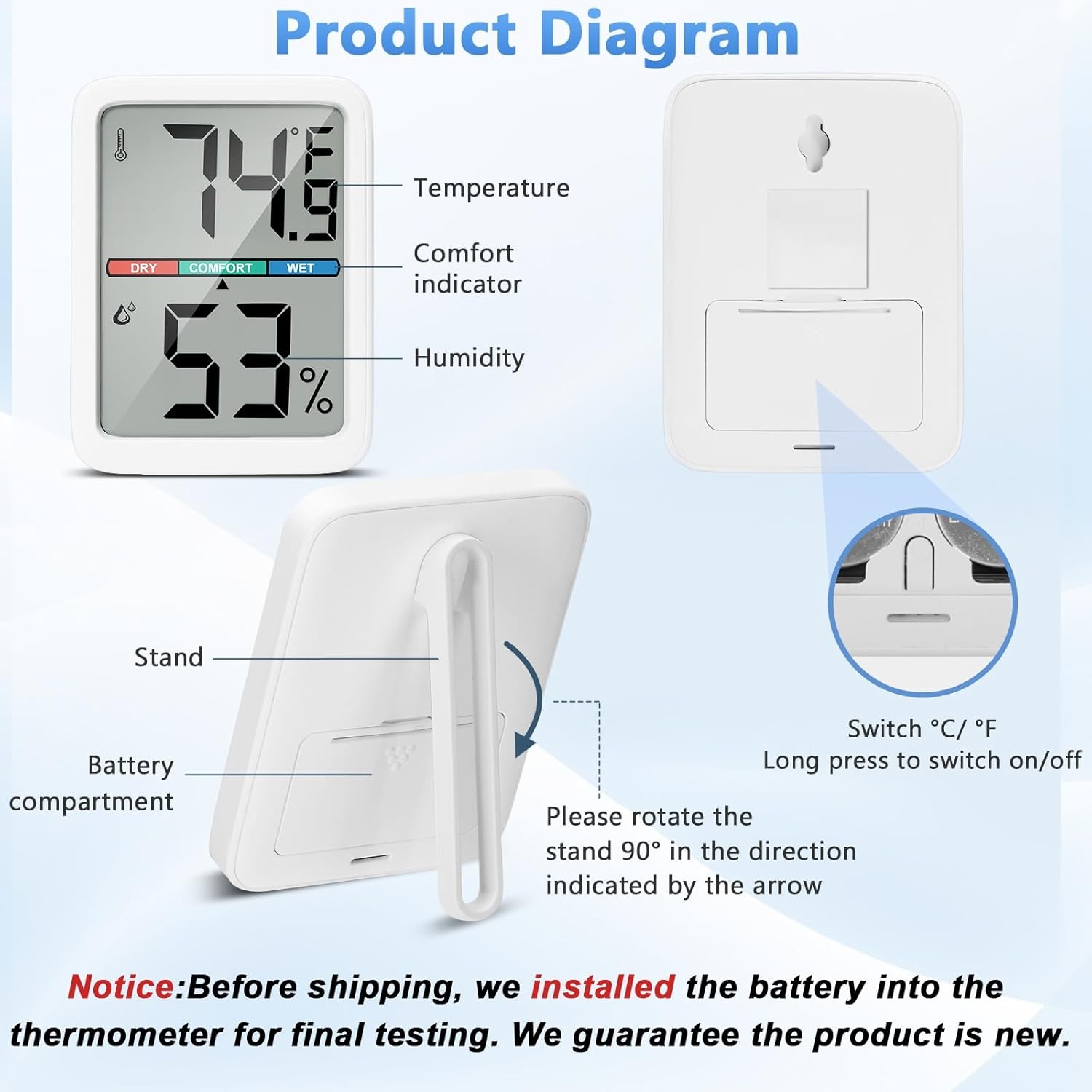 Digital Thermometer Hygrometer, Large LCD Screen Room Thermometer Temperature, W
