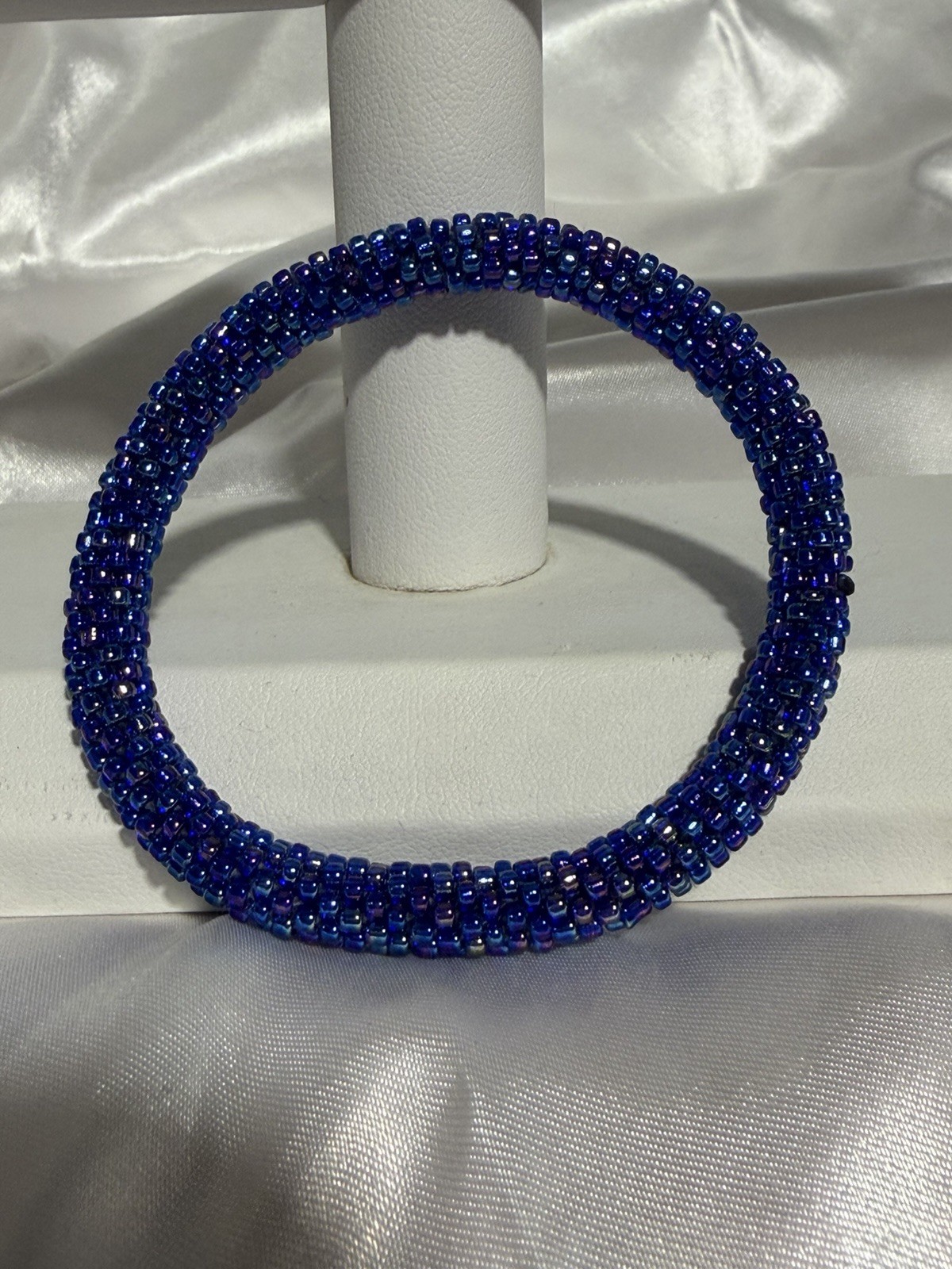 Handcrafted Beaded Bangle Bracelet Blue Glass Round Women Jewelry