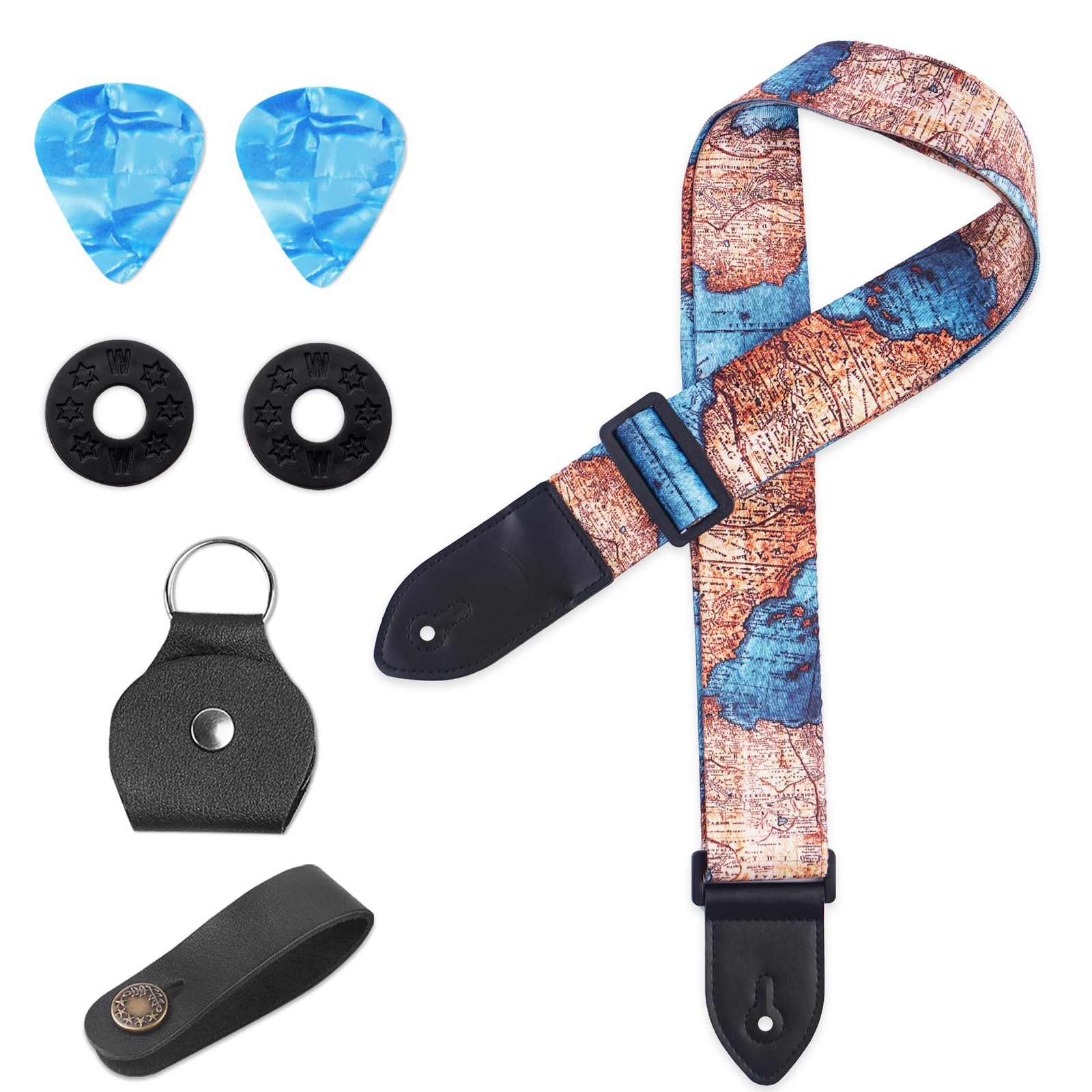 Adjustable Guitar Strap Includes 2 Strap Locks & 2 Matching Picks & 1 Picks H...