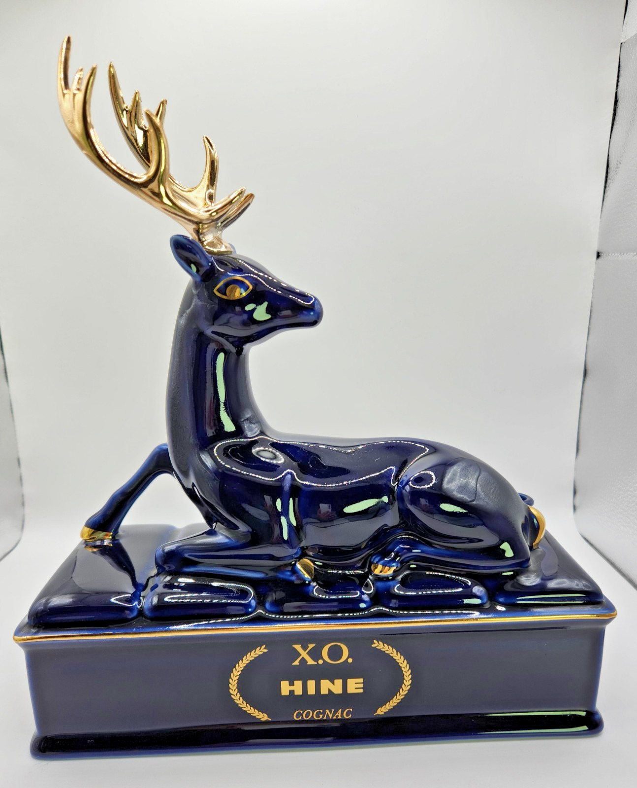 HINE XO Cognac Blue & Gold Stag Deer Ceramic Decanter | Vintage Display Bottle