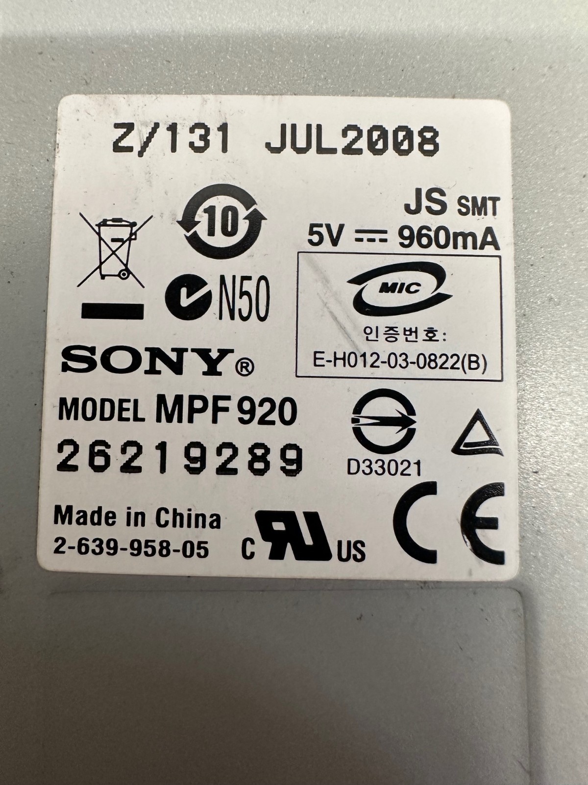 SONY MPF920 Internal Floppy Disk Drive