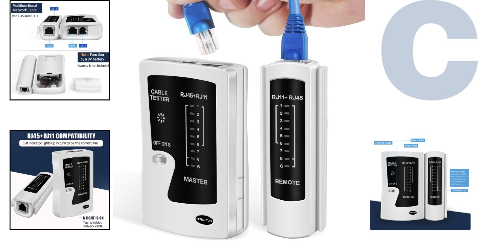 High-Performance RJ45/RJ11 Network Cable Tester with Easy-to-Read Display