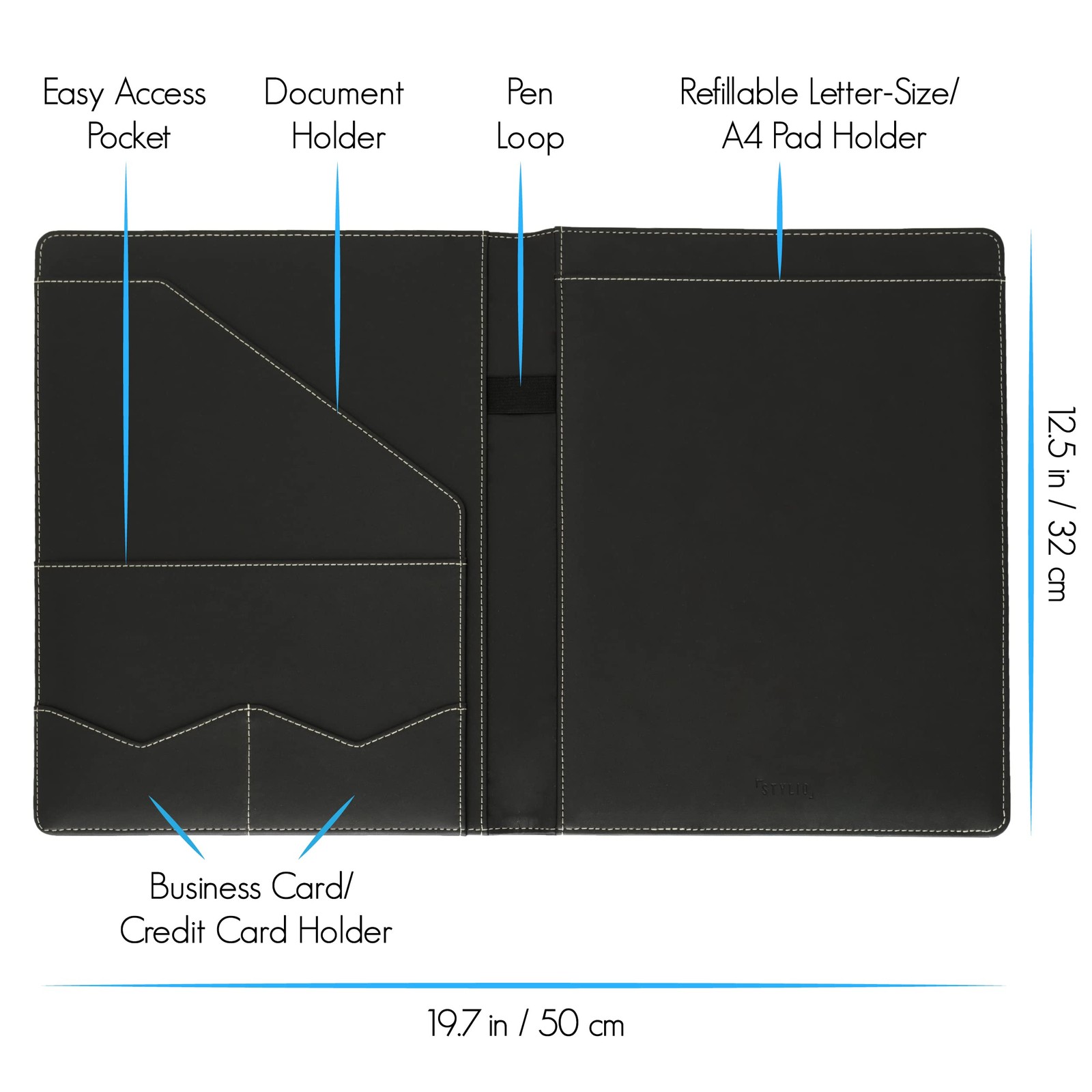Business Document Organizer, Padfolio With Notepad, Card Slot, Black