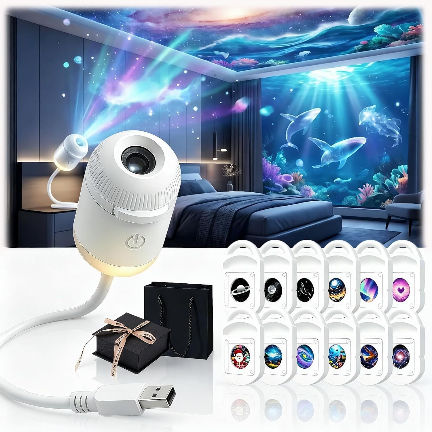 Hd Smart Dynamic 5d Holographic Night Light Projector, 2 In 1 Galaxy Night Light