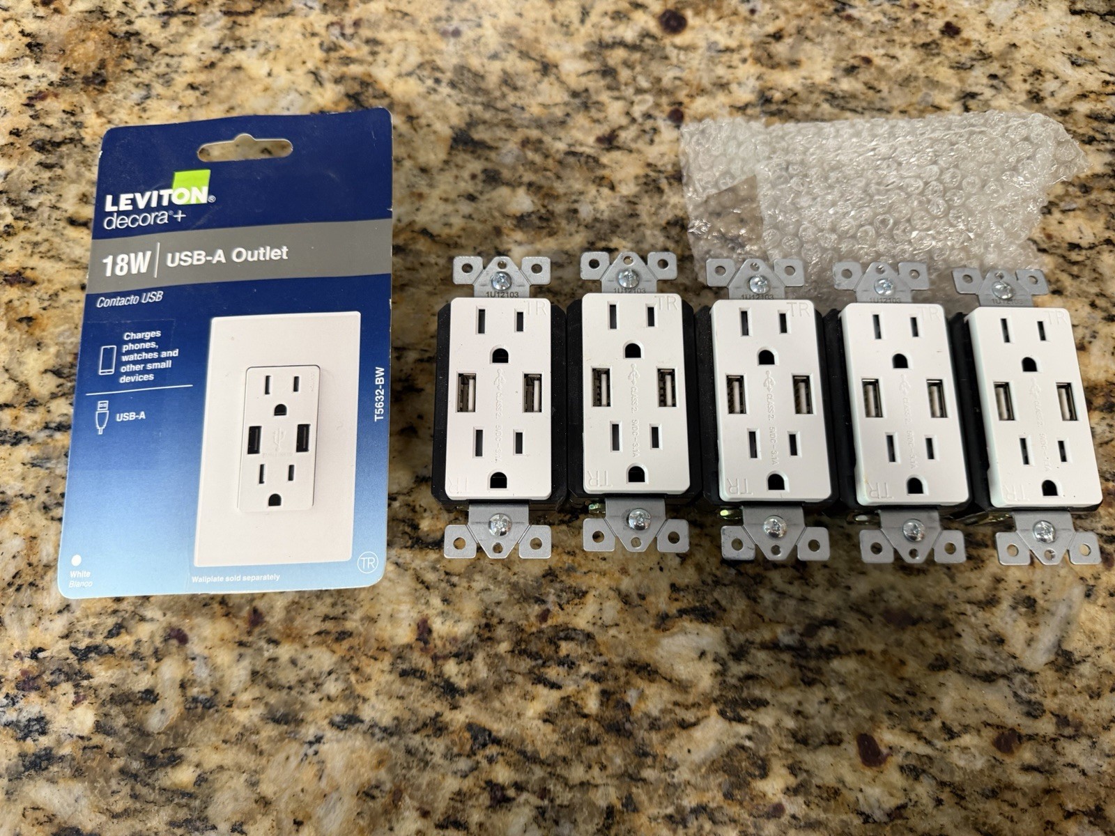 Lot Of 6 -5 Top Greener 3.1A/15 Amps TU2153 & 1 Leviton Dual 18W USB Wall Outlet