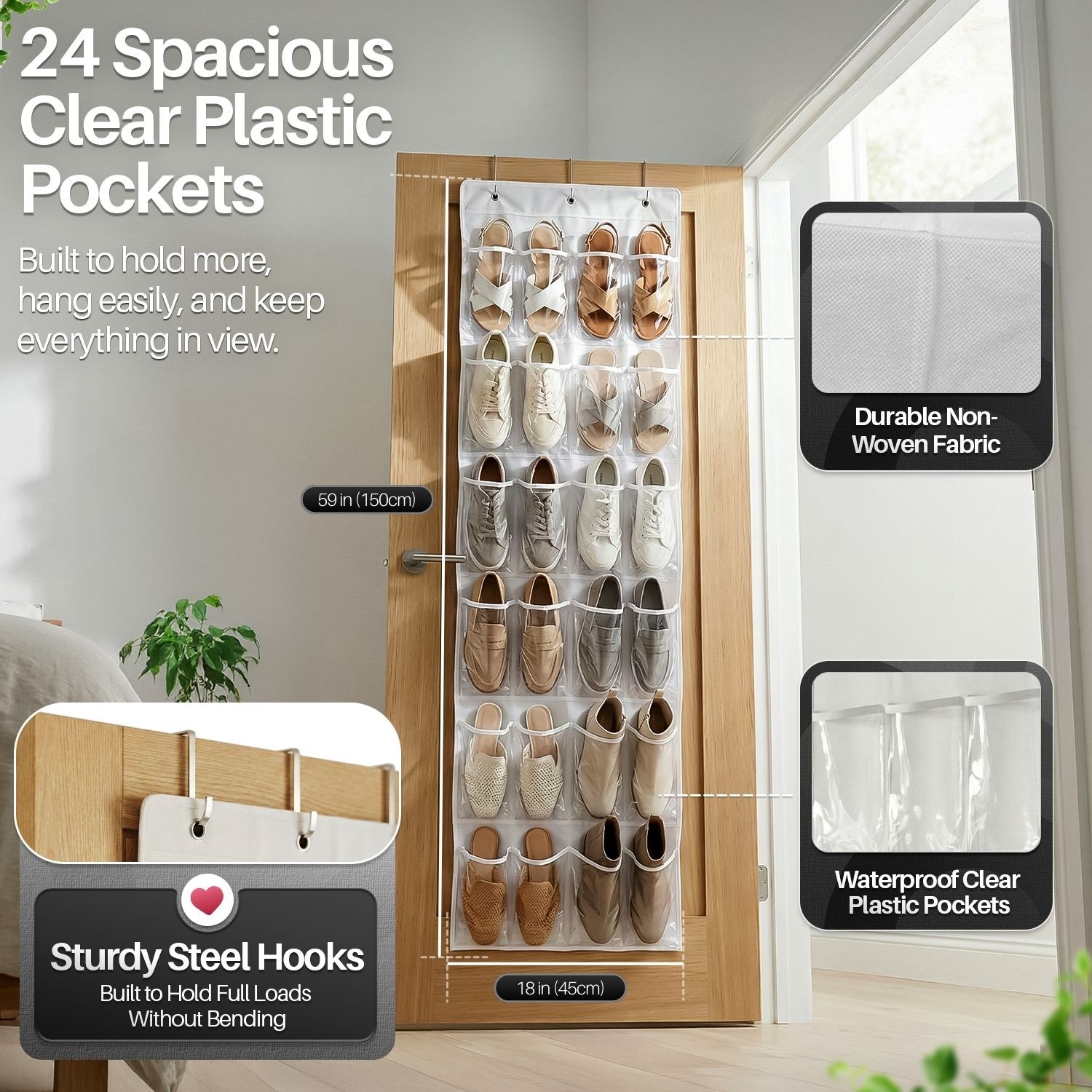 Hanging Shoe Organizer, Over the Door Closet Storage w/ 24 Pockets 3 Hooks