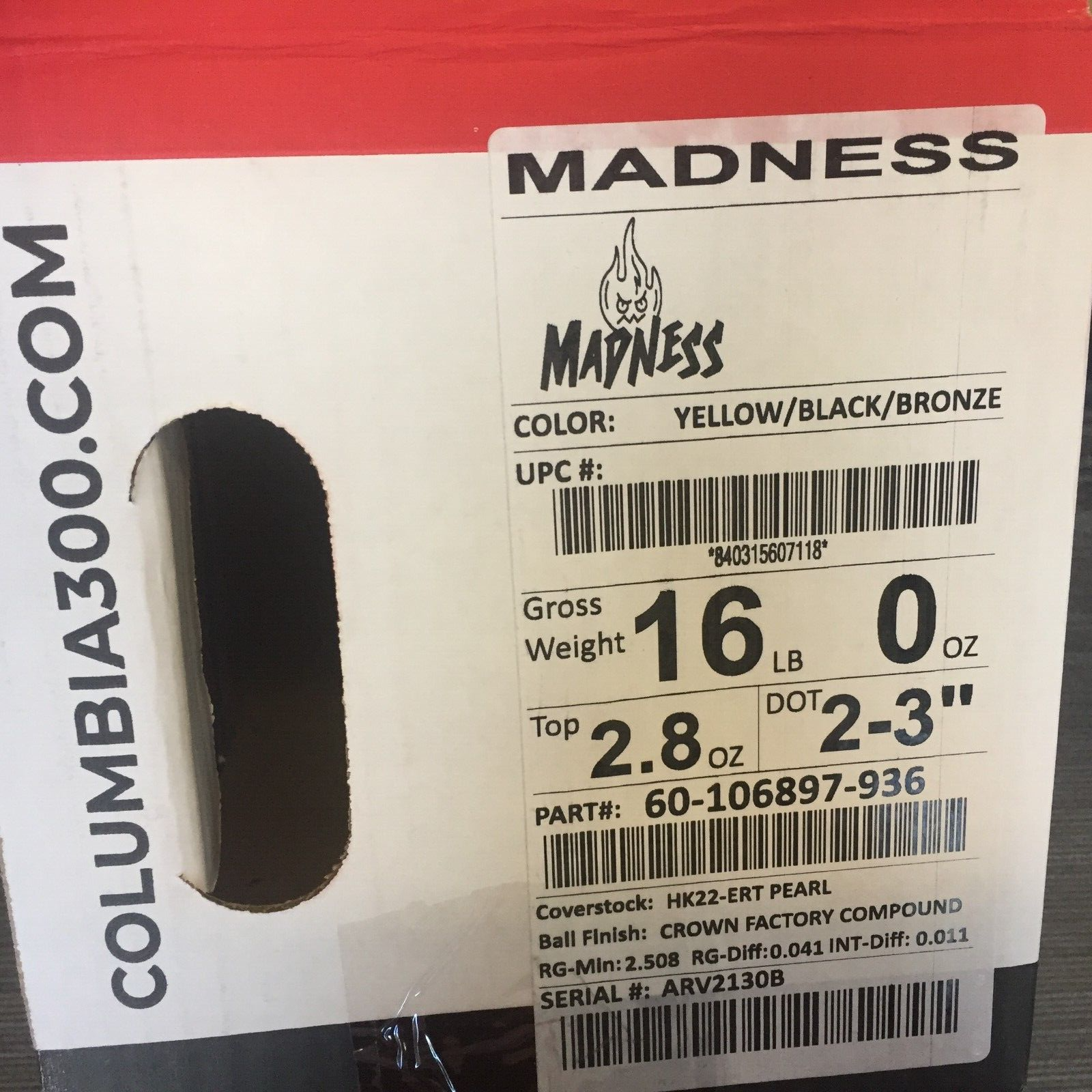 Columbia 300 Madness BOWLING ball 16 lb 1ST QUALITY new in box #130b